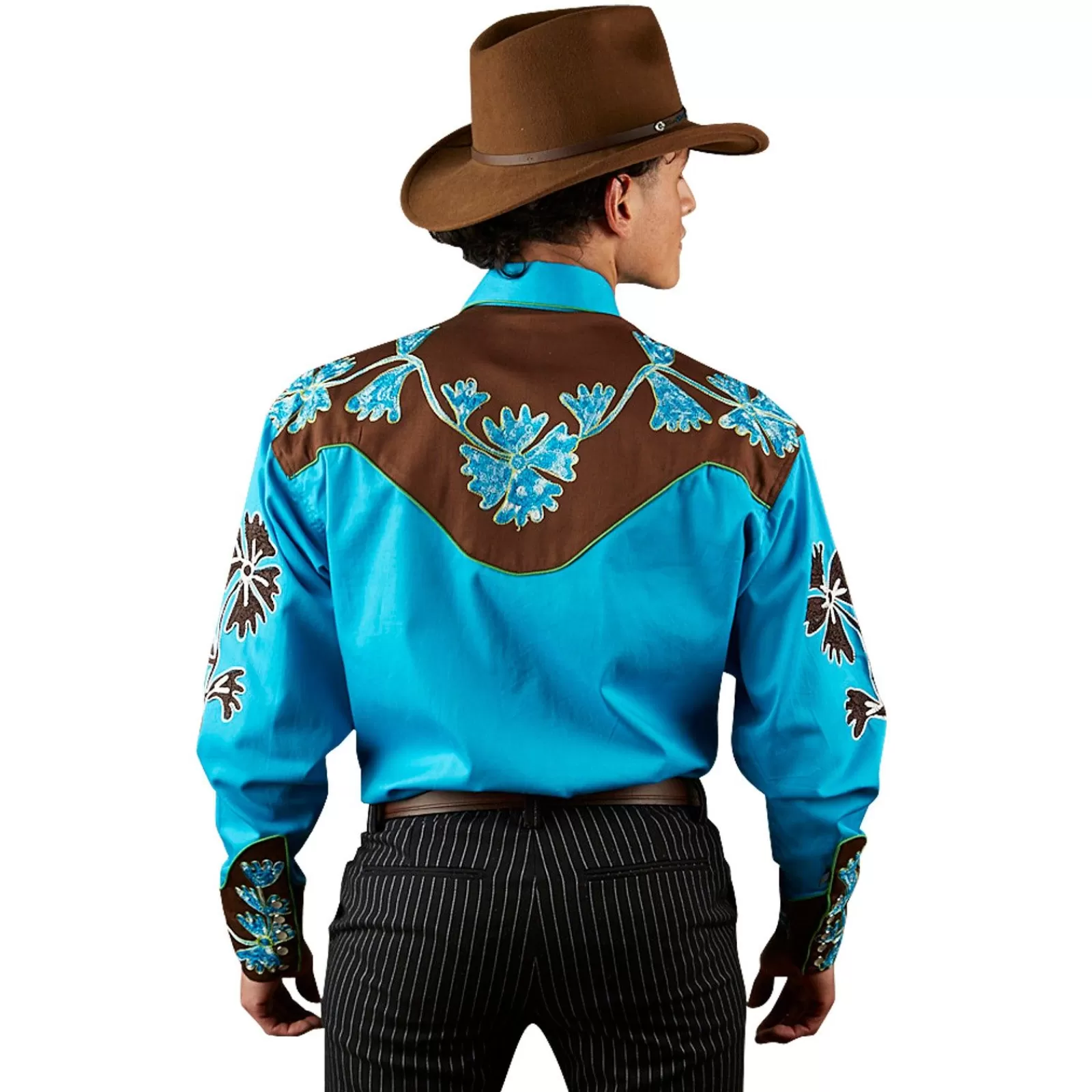 Rockmount Men'S Floral 2-Tone Brown & Turquoise Embroidered Western Shirt Discount