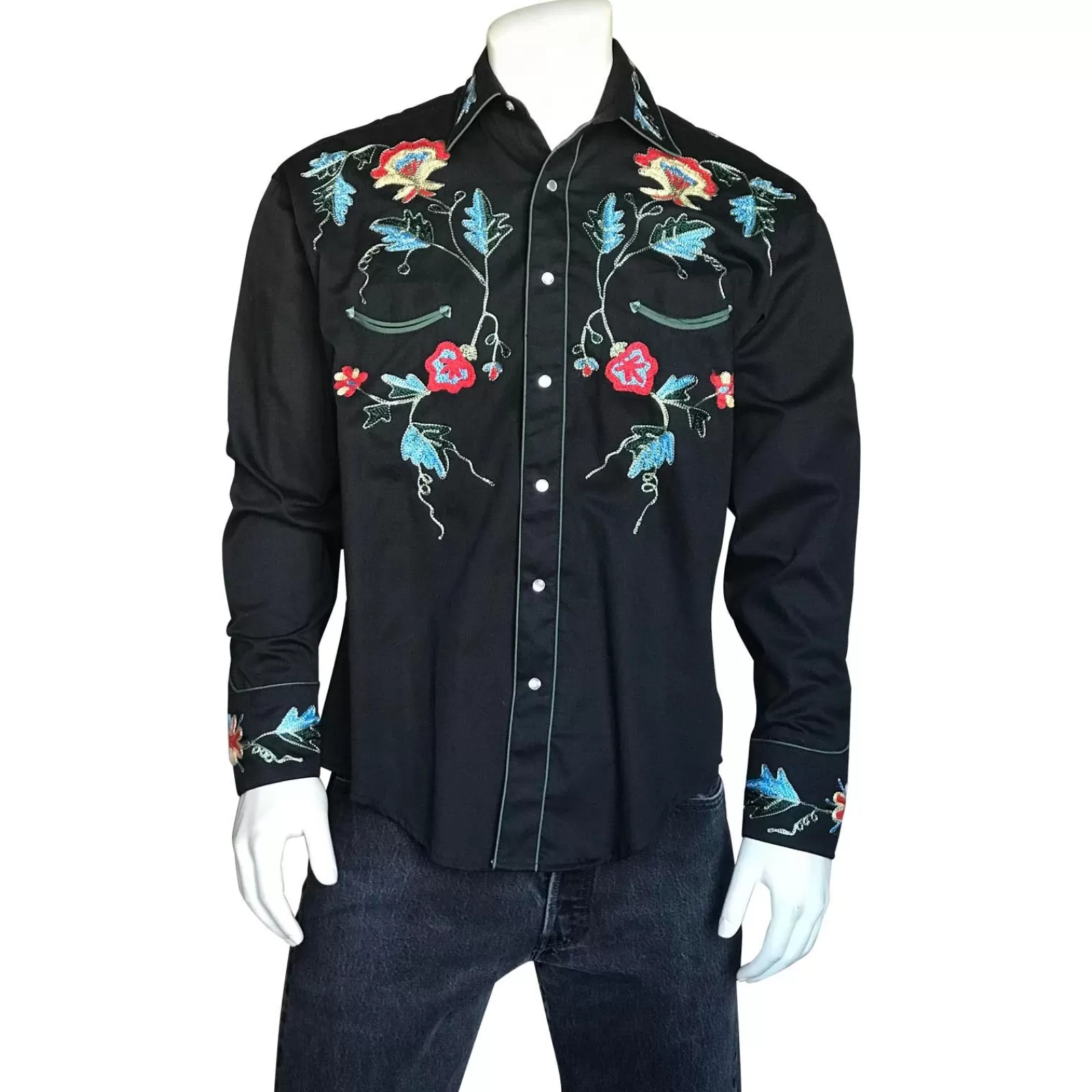 Rockmount Men'S Floral Embroidery Cotton Gabardine Black Western Shirt Shop