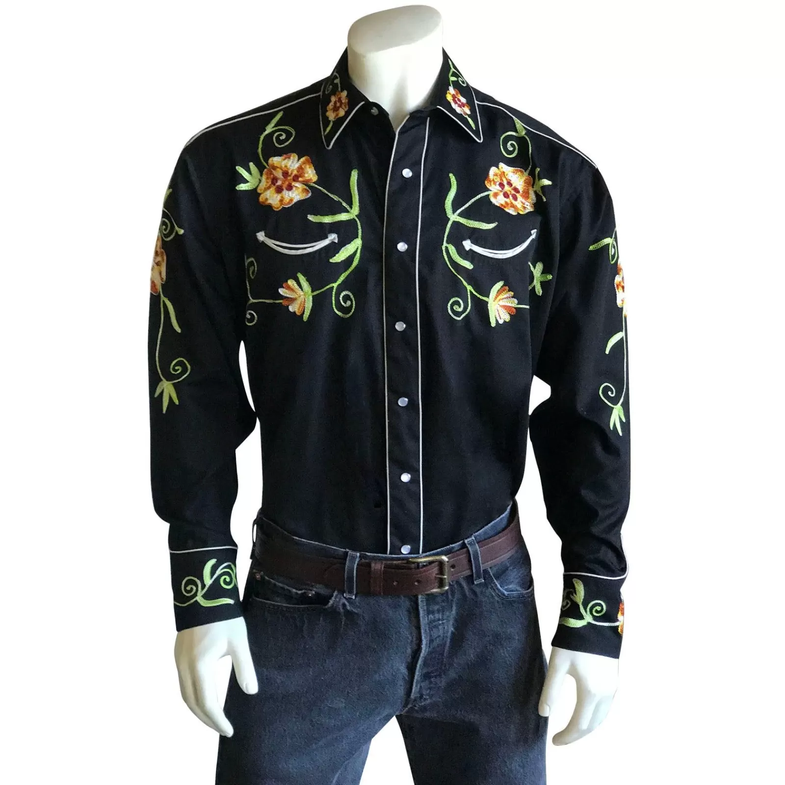 Rockmount Men'S Floral Embroidery Cotton Gabardine Black Western Shirt Cheap