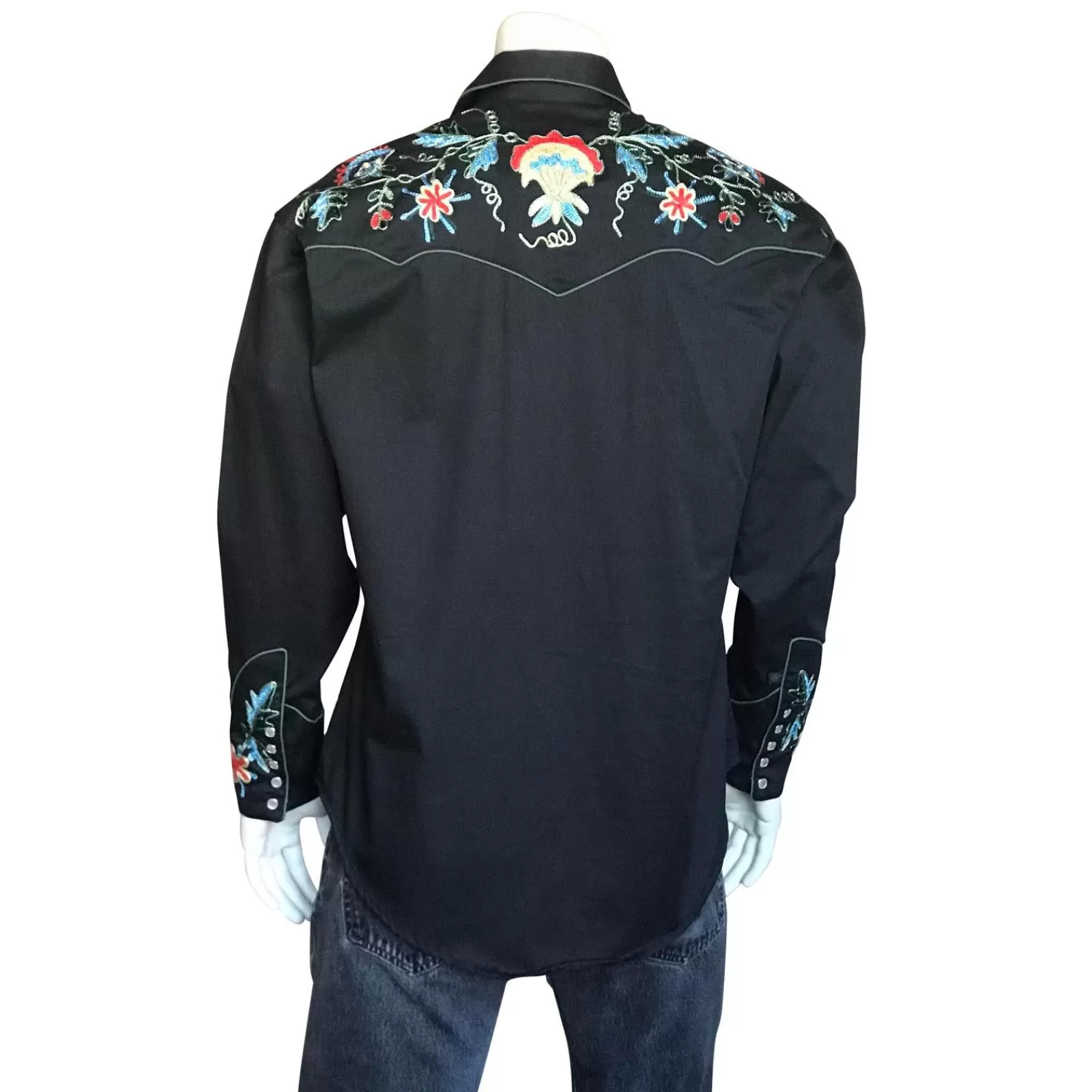 Rockmount Men'S Floral Embroidery Cotton Gabardine Black Western Shirt Shop