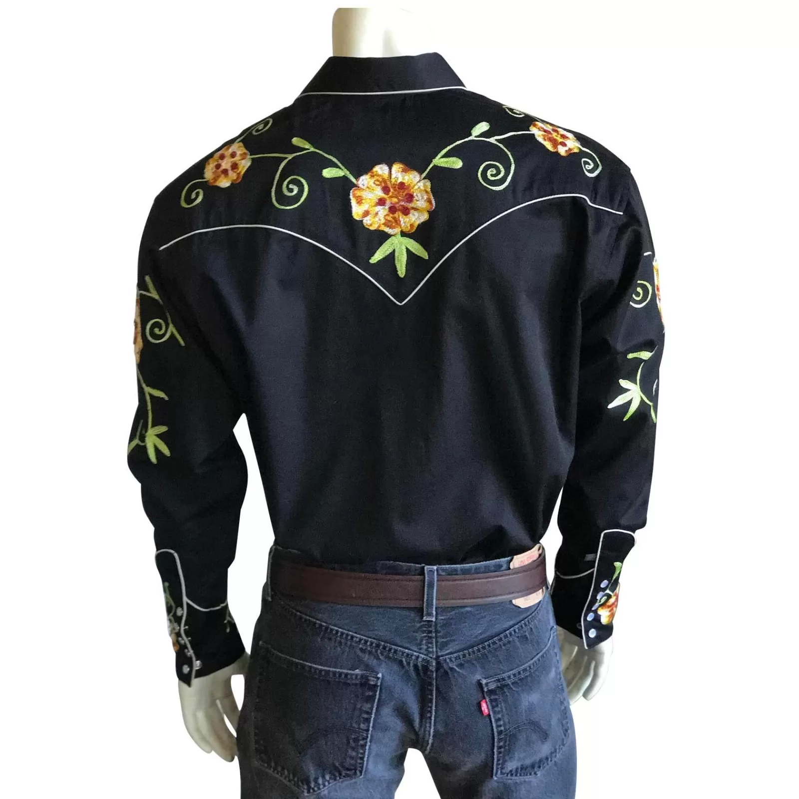 Rockmount Men'S Floral Embroidery Cotton Gabardine Black Western Shirt Cheap