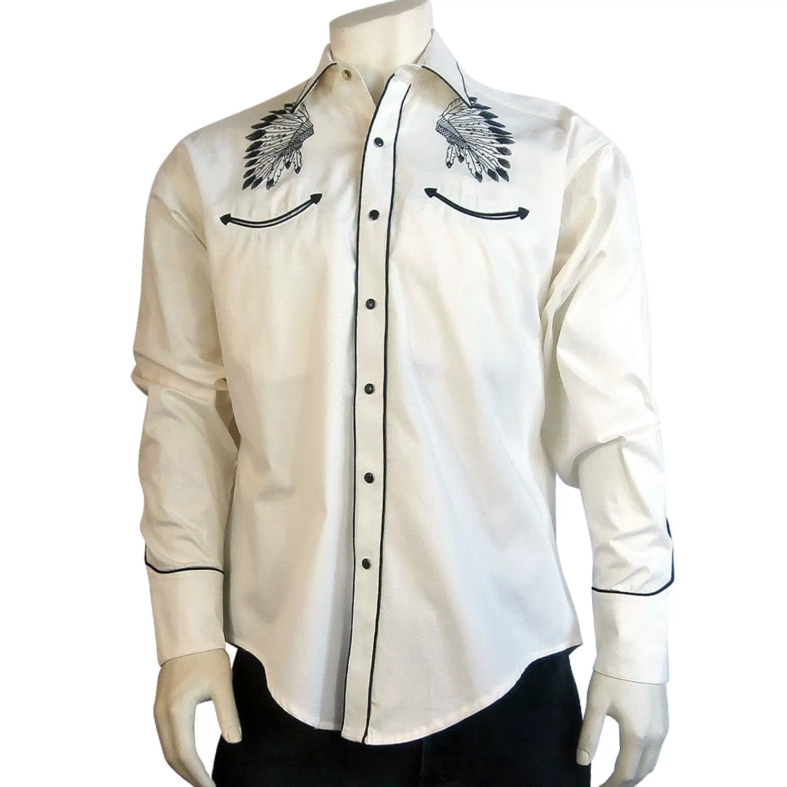 Rockmount Men'S Gabardine Warbonnet Embroidery Western Shirt In Ivory Cheap