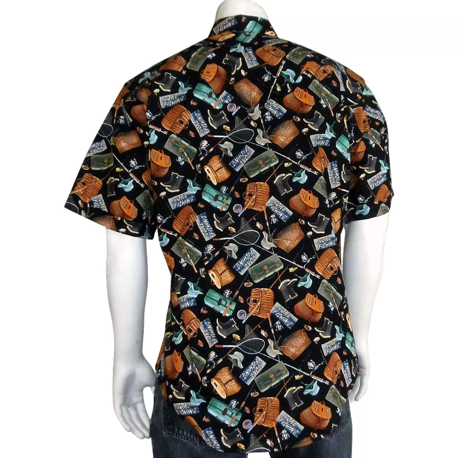 Rockmount Men'S Gone Fishing Print Short Sleeve Western Shirt In Black Clearance