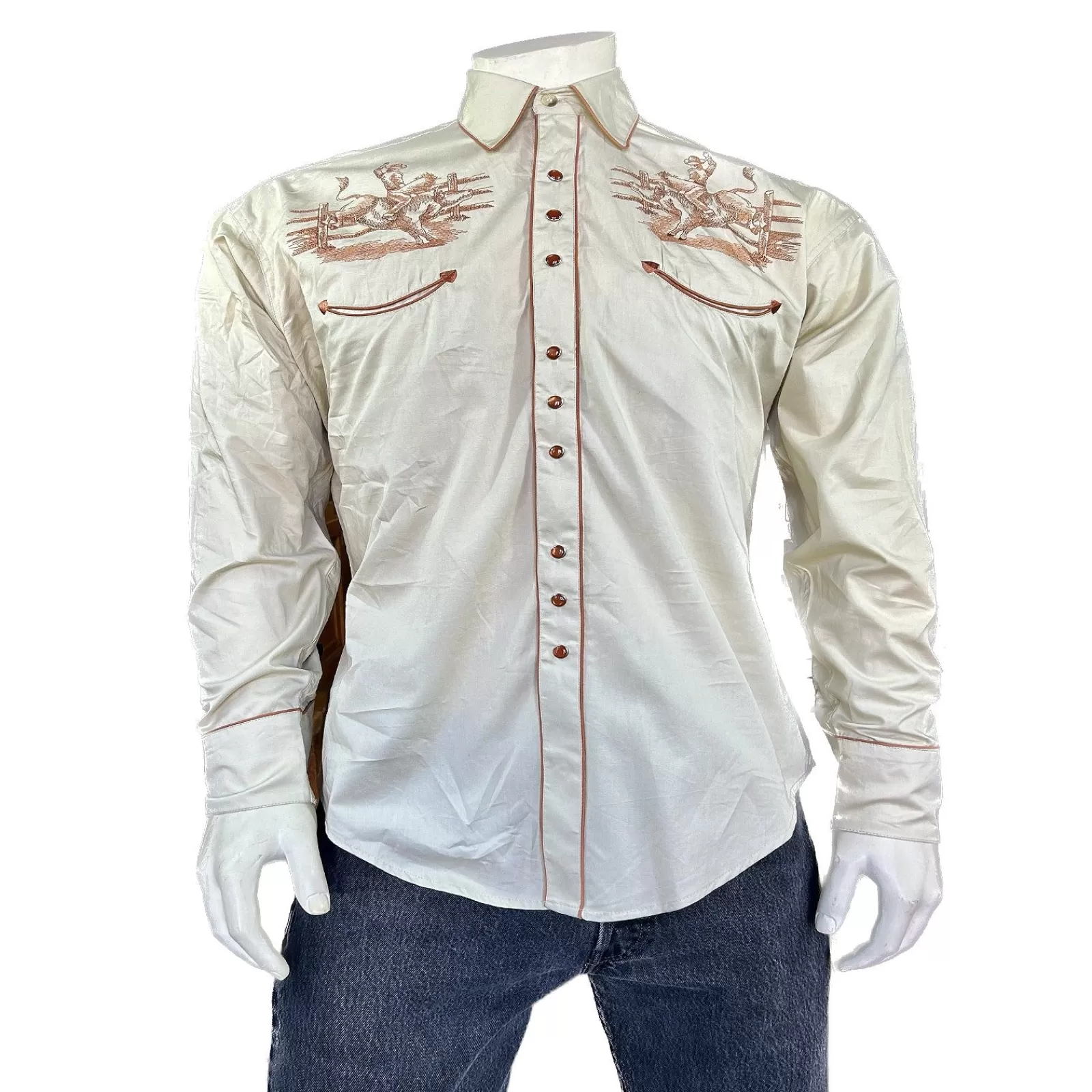 Rockmount Men'S Khaki Vintage Bull Rider Embroidery New