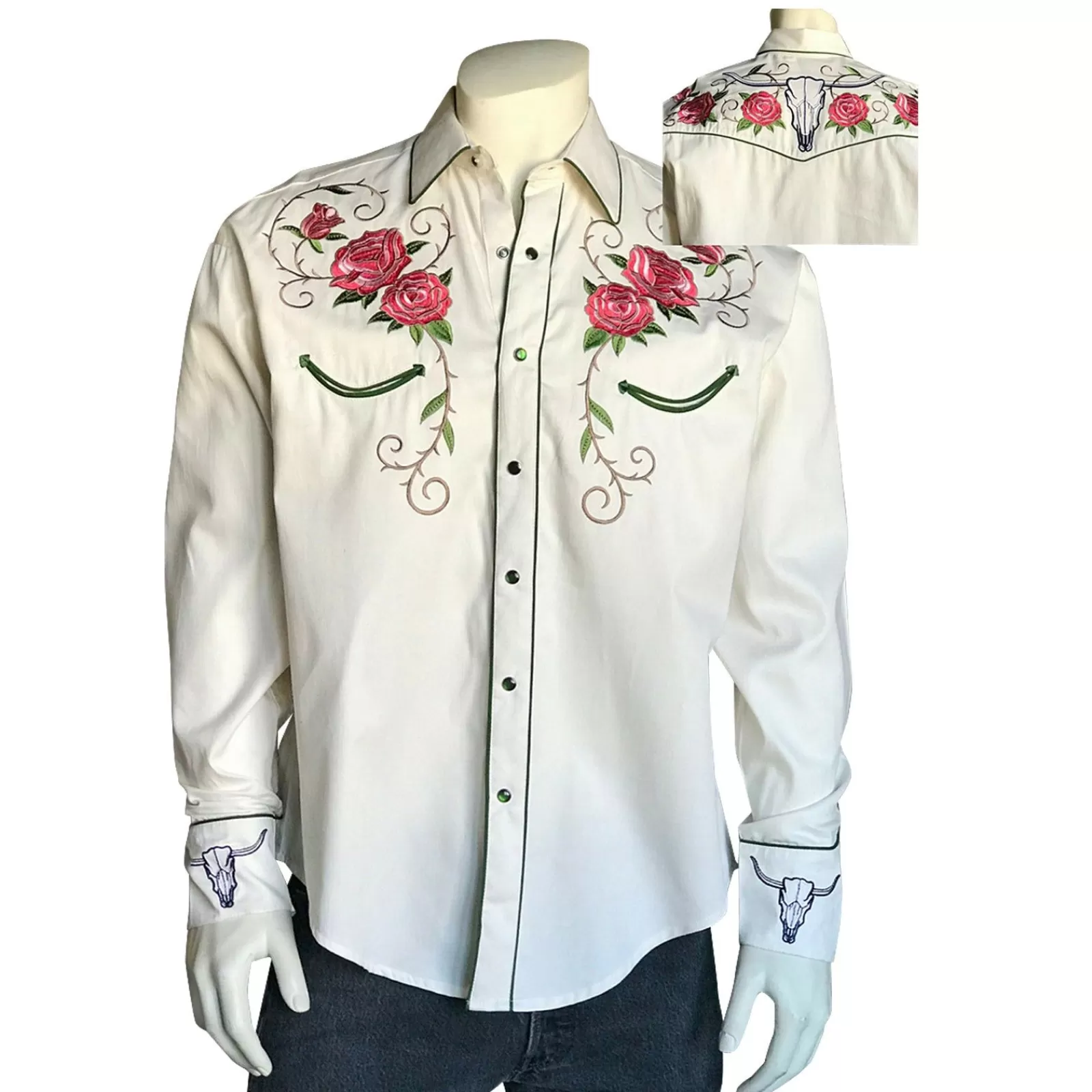 Rockmount Men'S Longhorn & Floral Embroidery Western Shirt In Ivory Shop