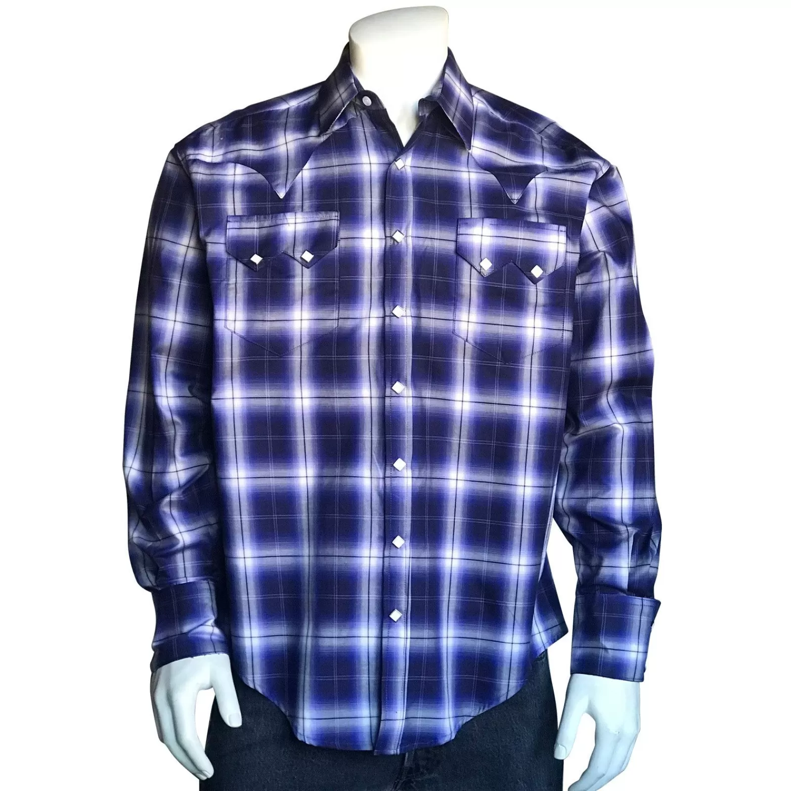 Rockmount Men'S Midnight Blue & White Shadow Plaid Western Shirt Shop