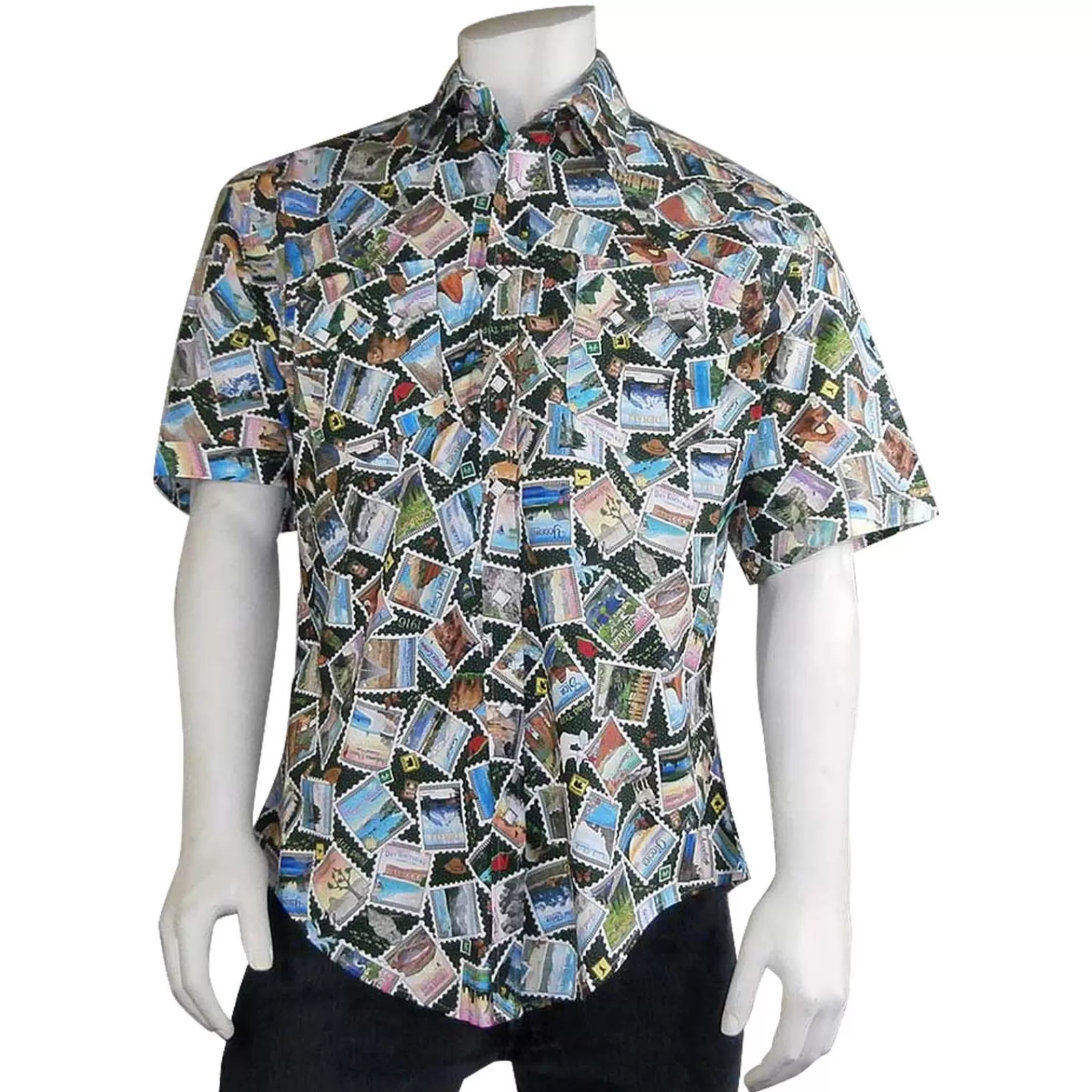 Rockmount Men'S National Park Stamps Print Short Sleeve Western Shirt Clearance