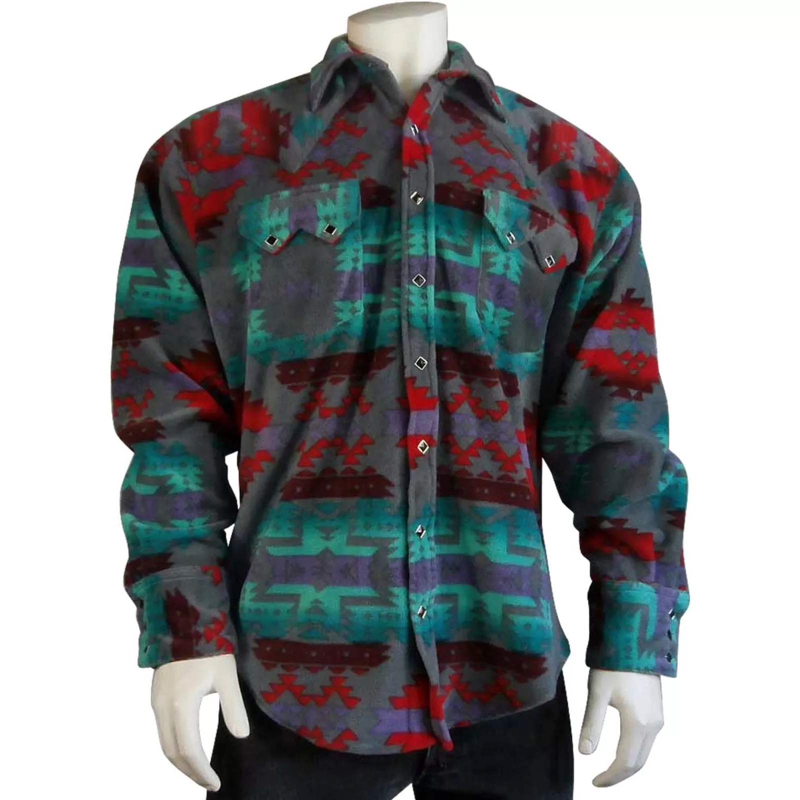 Rockmount Men'S Native Pattern Fleece Western Shirt In Grey & Red Best Sale