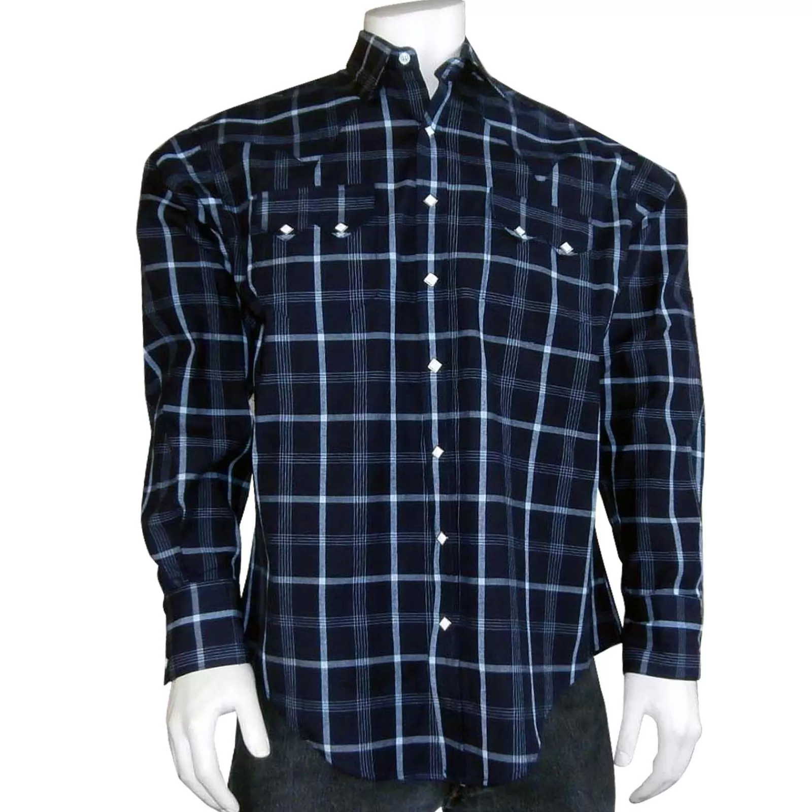 Rockmount Men'S Navy & Light Blue Extra-Fine Pima Cotton Windowpane Plaid Western Shirt New