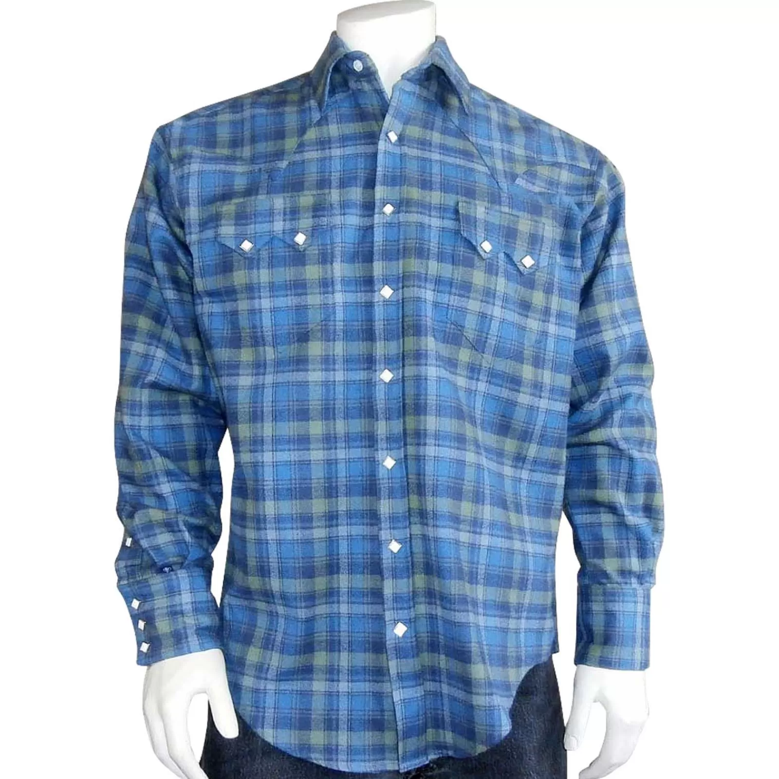 Rockmount Men'S Organic Plush Flannel Blue & Green Plaid Western Shirt Best
