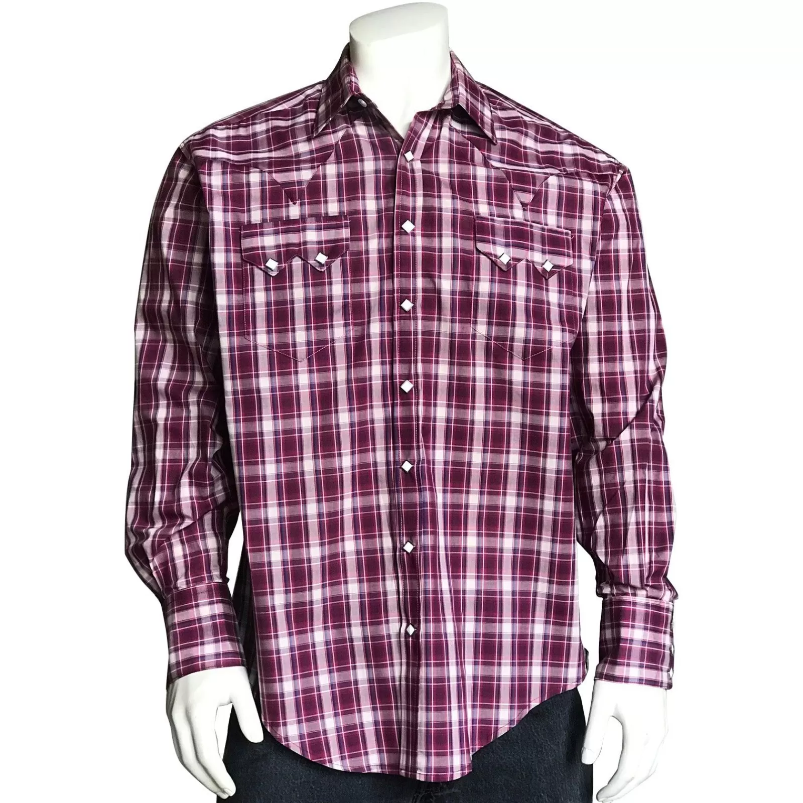 Rockmount Men'S Plum Pima Cotton Windowpane Plaid Western Shirt Fashion