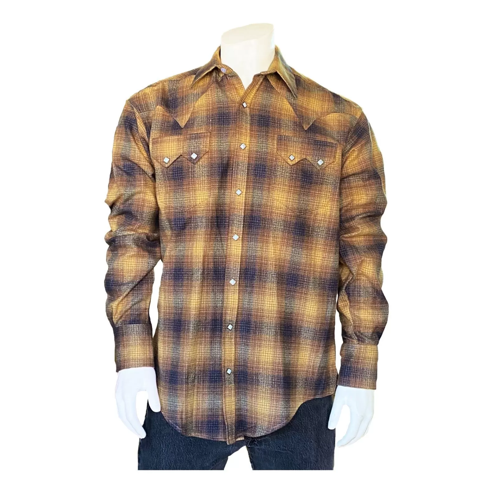 Rockmount Men'S Plush Flannel Beige & Black Plaid Western Shirt Clearance