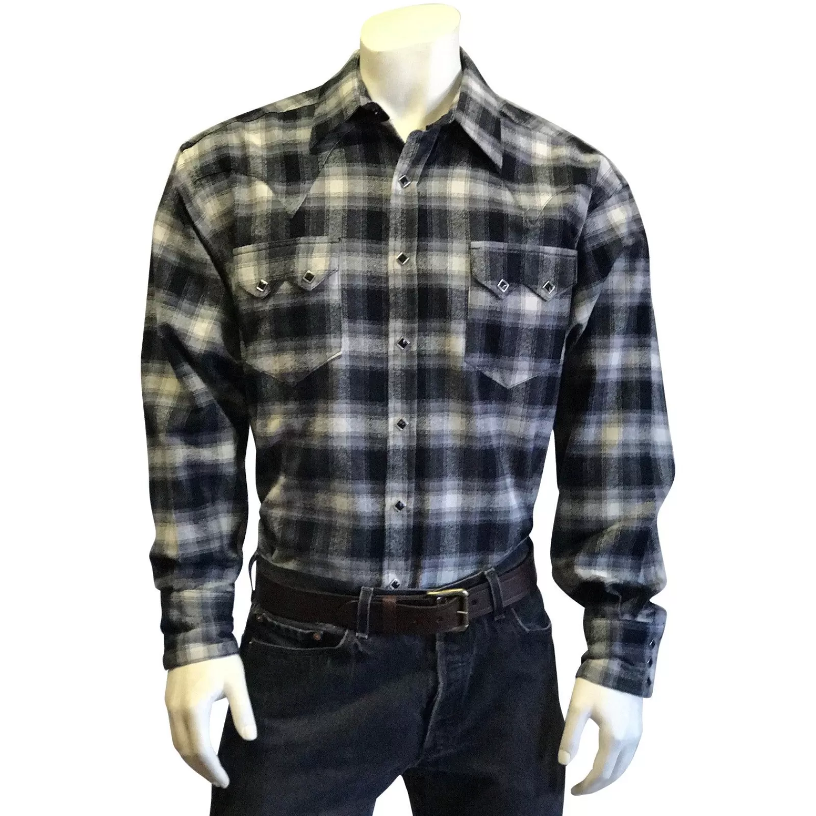 Rockmount Men'S Plush Flannel Black & White Plaid Western Shirt Clearance