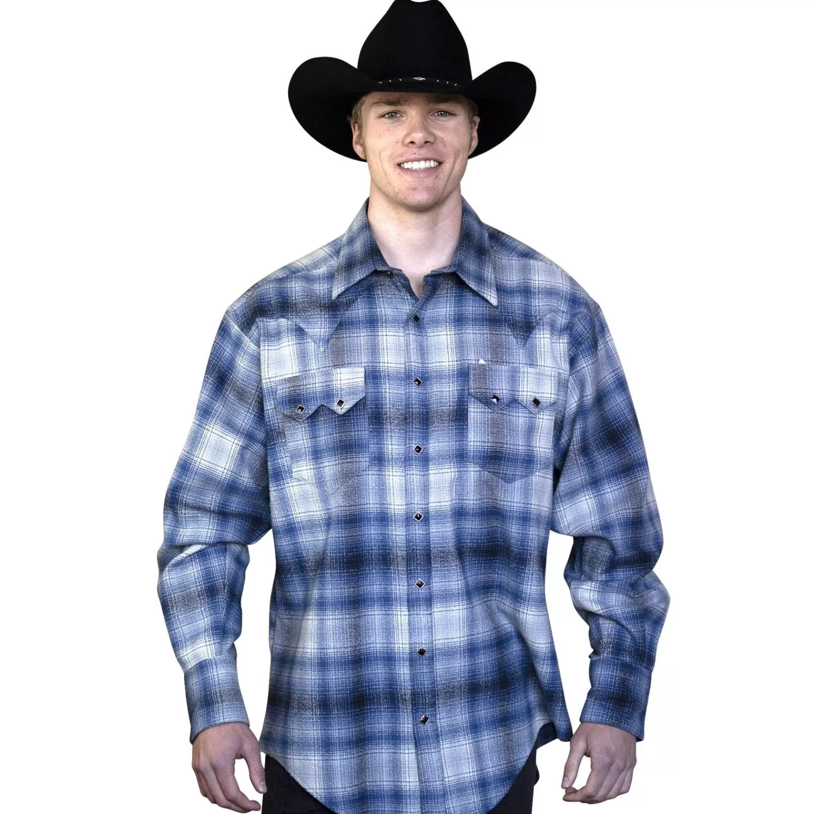 Rockmount Men'S Plush Flannel Blue & Grey Plaid Western Shirt Cheap