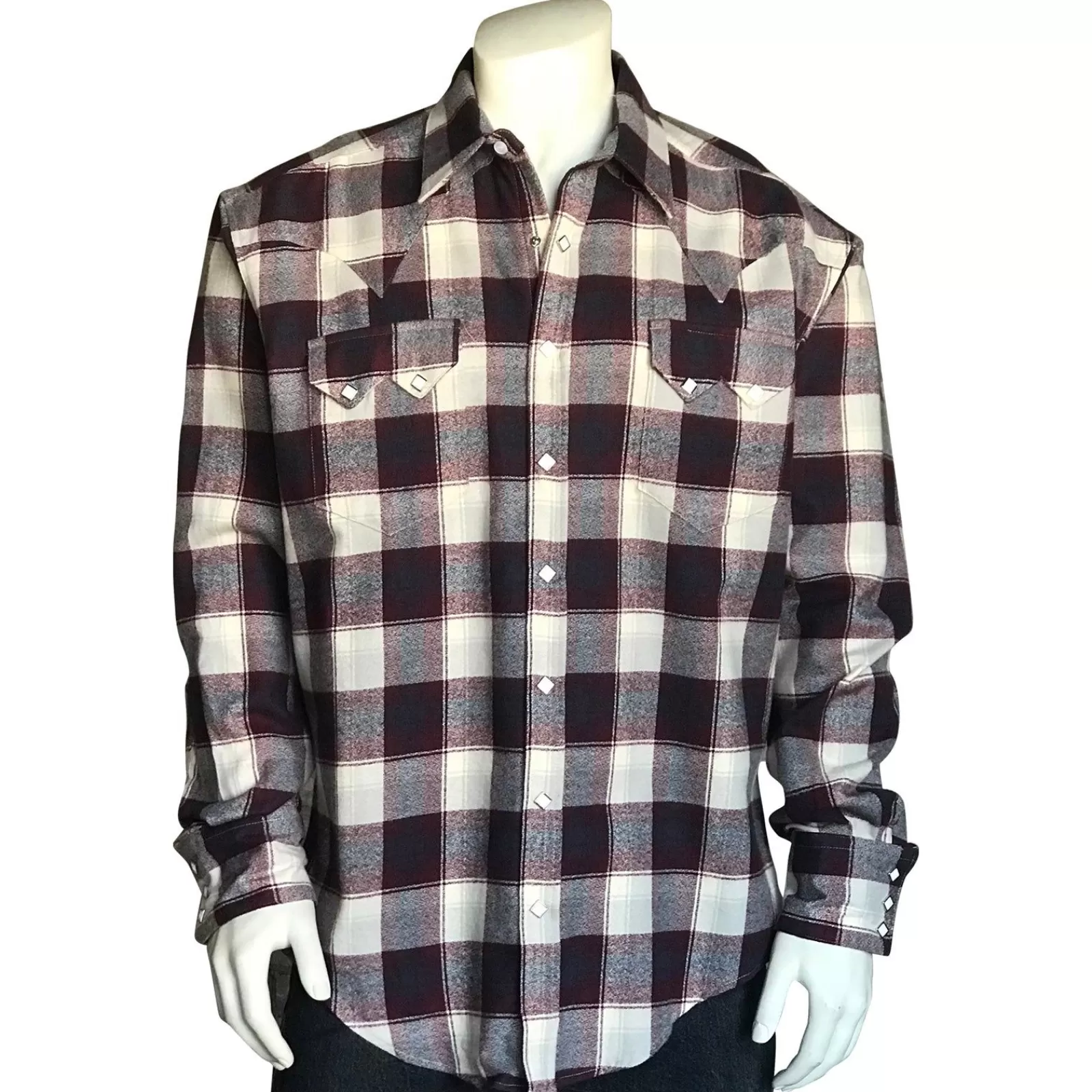 Rockmount Men'S Plush Flannel Burgundy & White Plaid Western Shirt Cheap