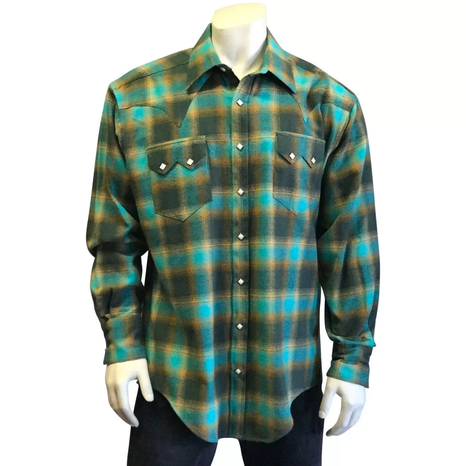 Rockmount Men'S Plush Flannel Green & Turquoise Plaid Western Shirt Online