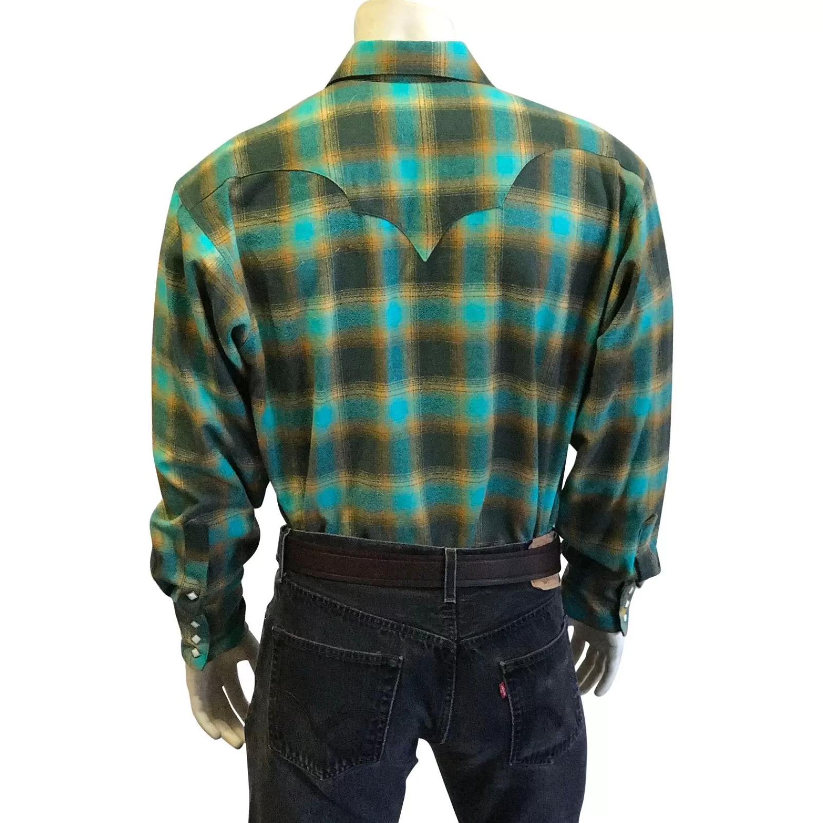 Rockmount Men'S Plush Flannel Green & Turquoise Plaid Western Shirt Online