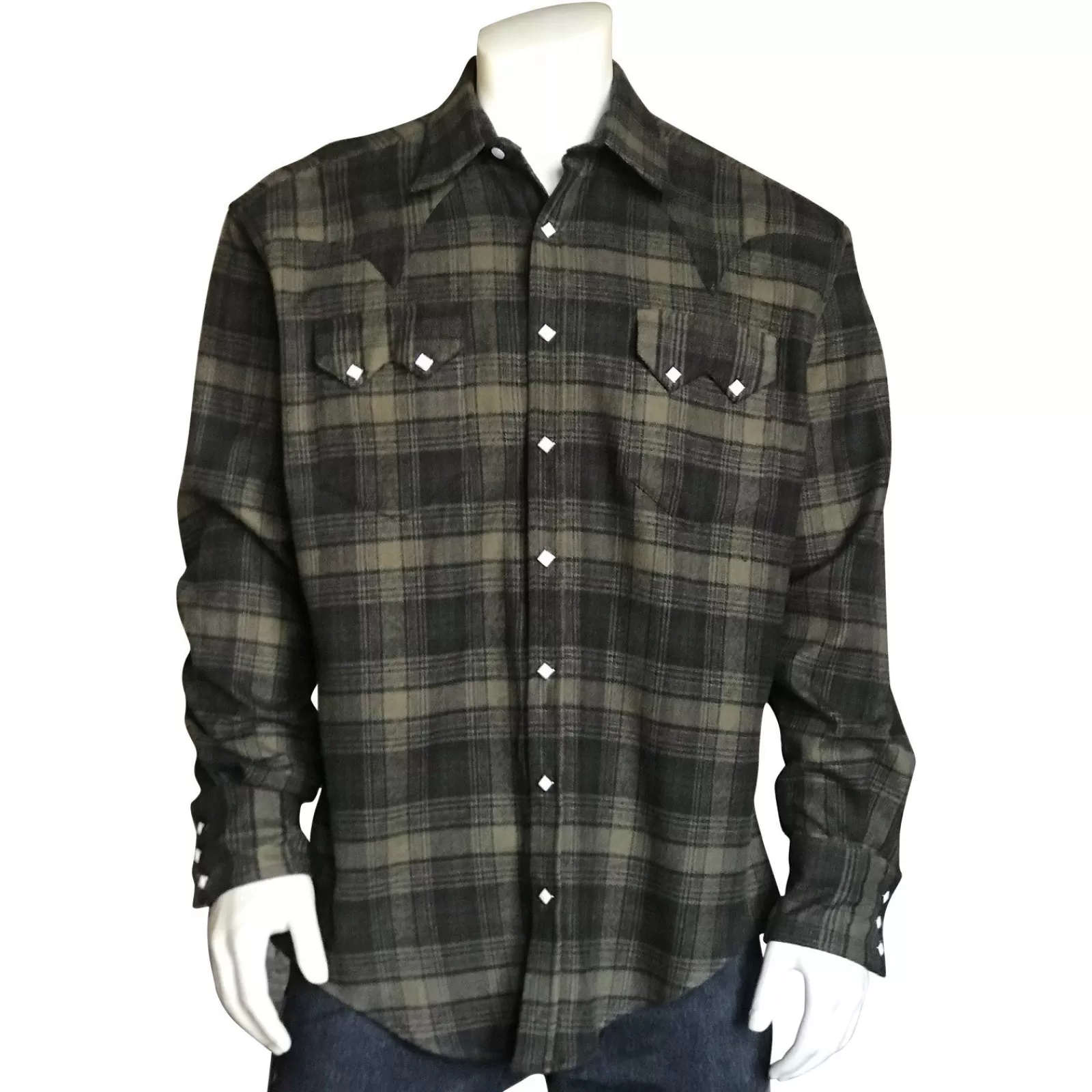 Rockmount Men'S Plush Flannel Olive & Grey Plaid Western Shirt Shop