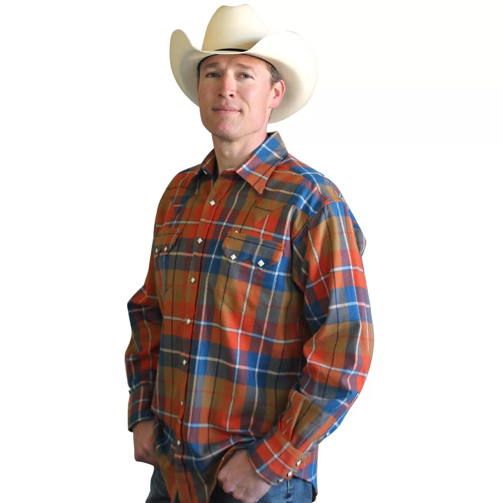 Rockmount Men'S Plush Flannel Orange & Blue Plaid Western Shirt Clearance