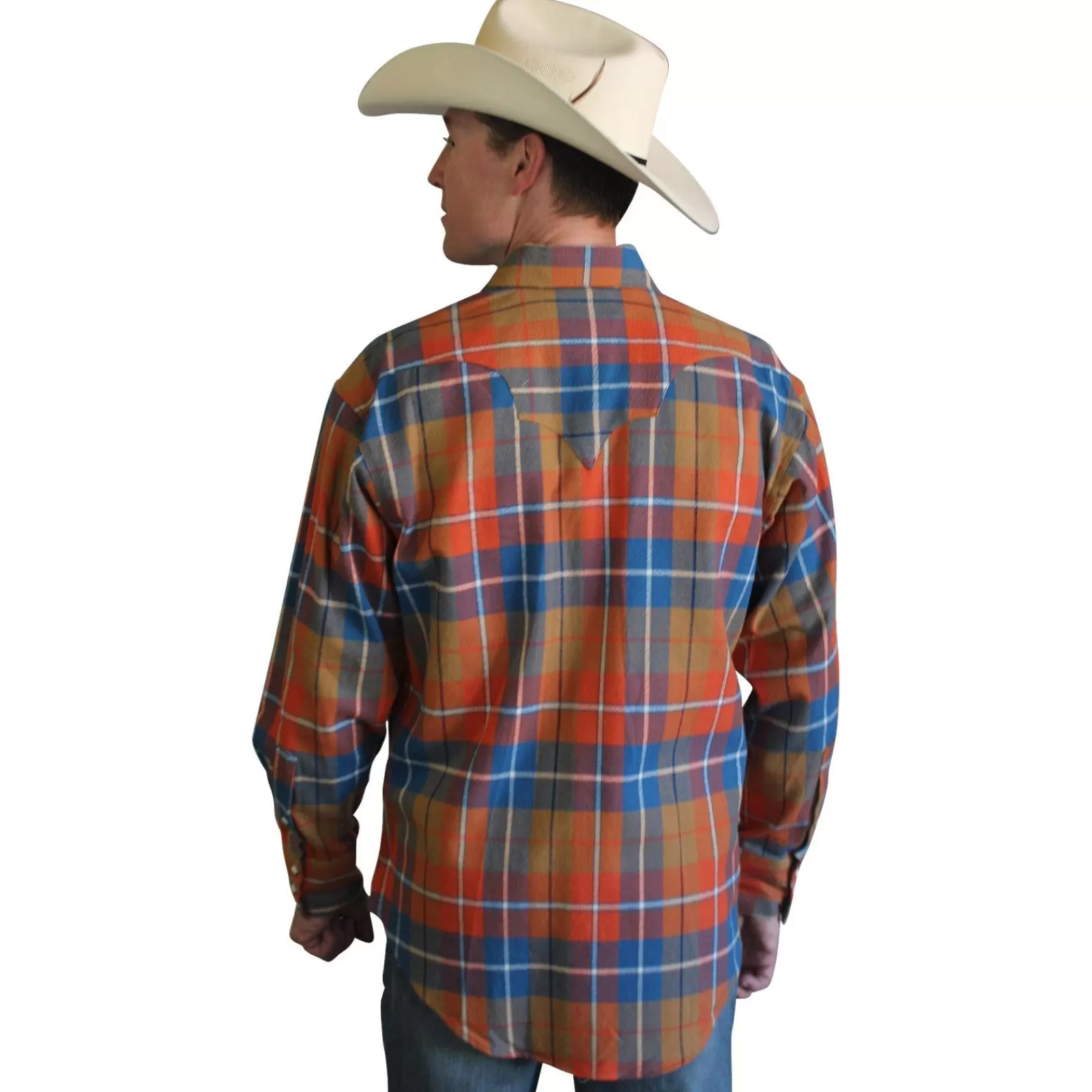 Rockmount Men'S Plush Flannel Orange & Blue Plaid Western Shirt Clearance