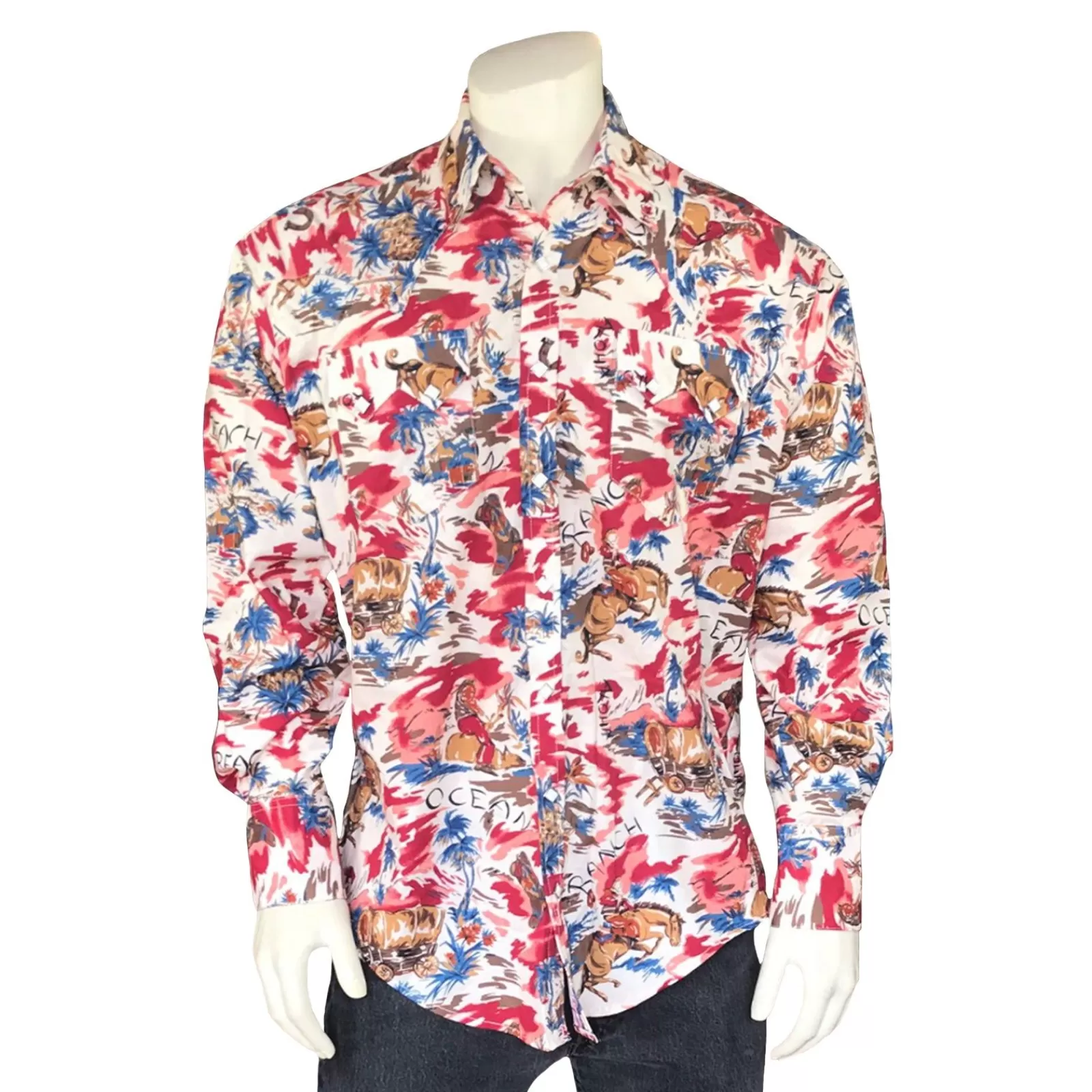 Rockmount Men'S Red Western Hawaiian Print Long Sleeve Shirt New