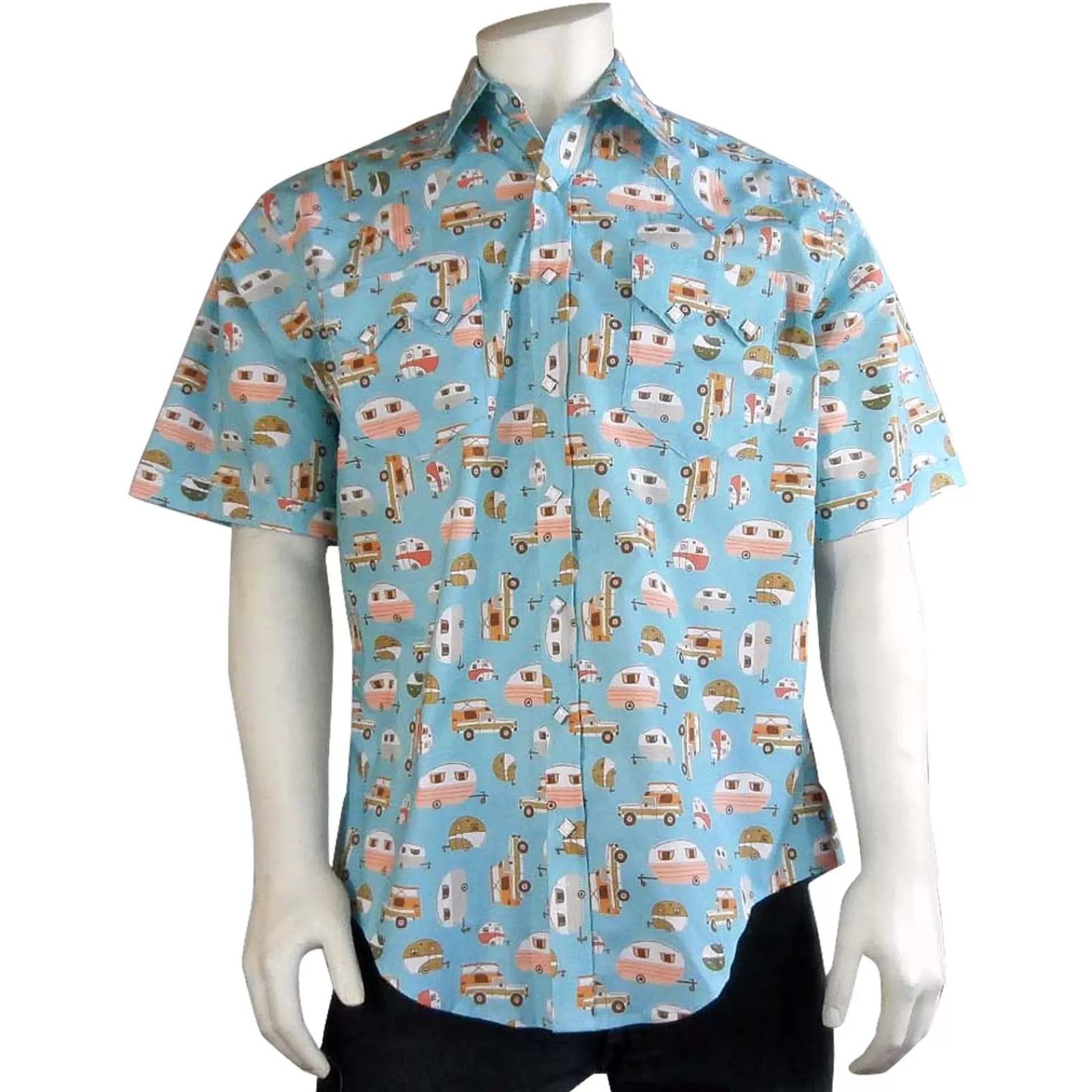Rockmount Men'S Retro Campers Print Short Sleeve Western Shirt In Turquoise Hot