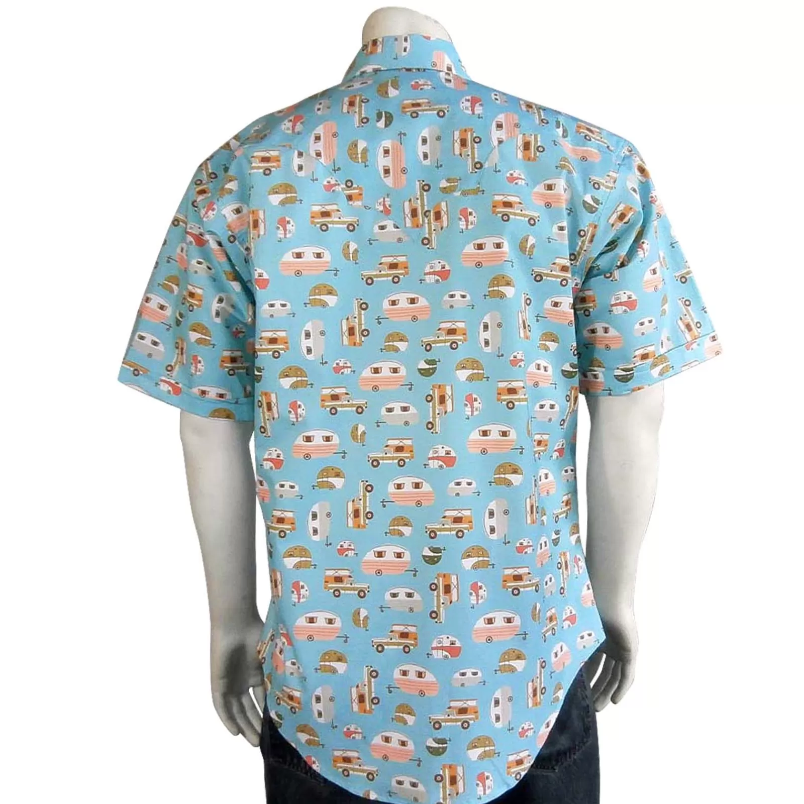 Rockmount Men'S Retro Campers Print Short Sleeve Western Shirt In Turquoise Hot