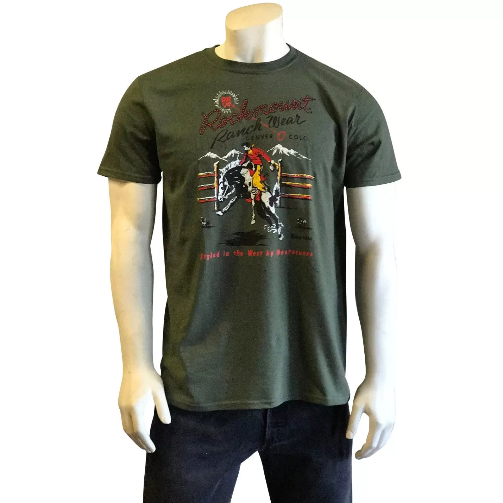 Rockmount Men'S Bronc 100% Cotton Green Western T-Shirt Sale