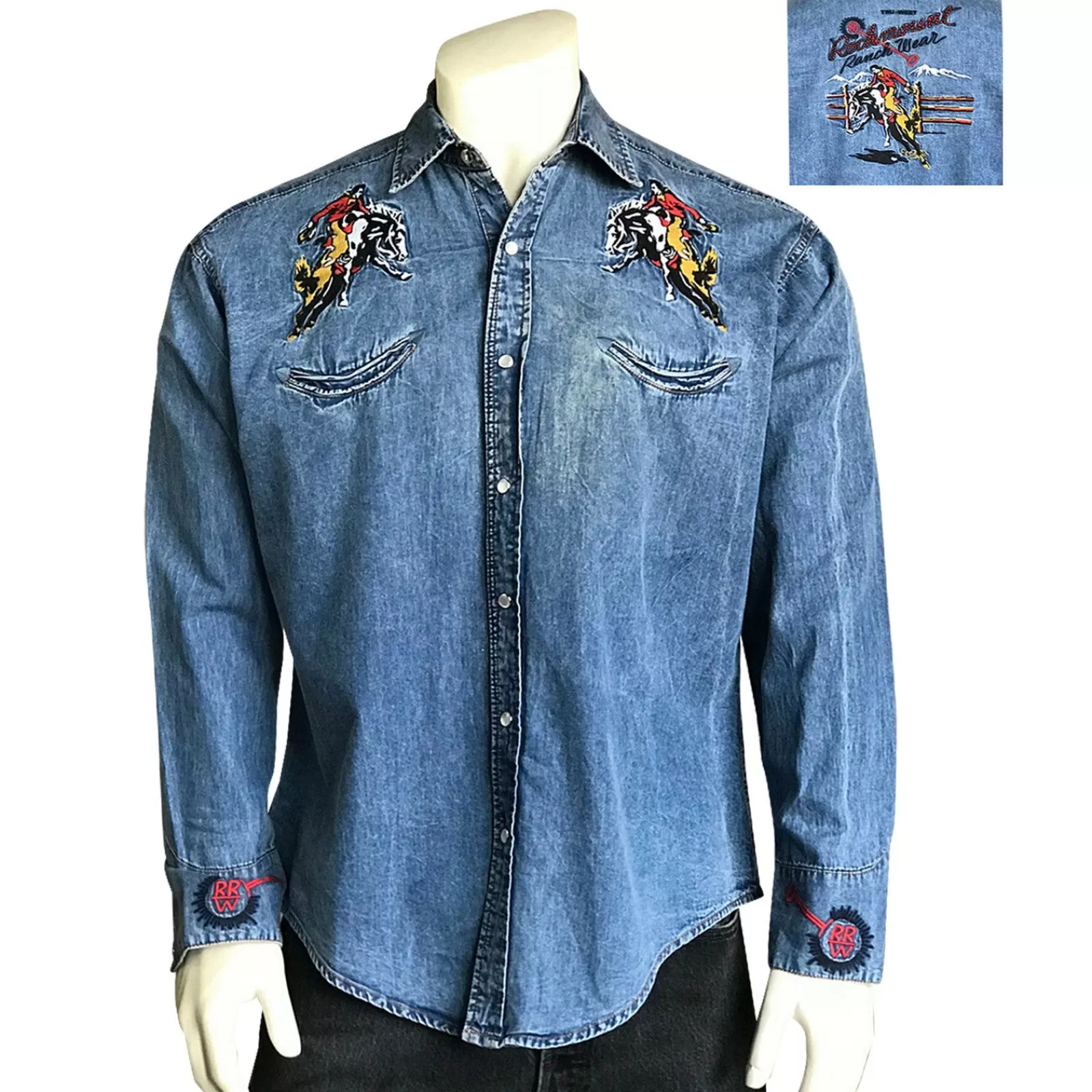 Rockmount Men'S Bronc Vintage Embroidery Western Shirt In Denim Best