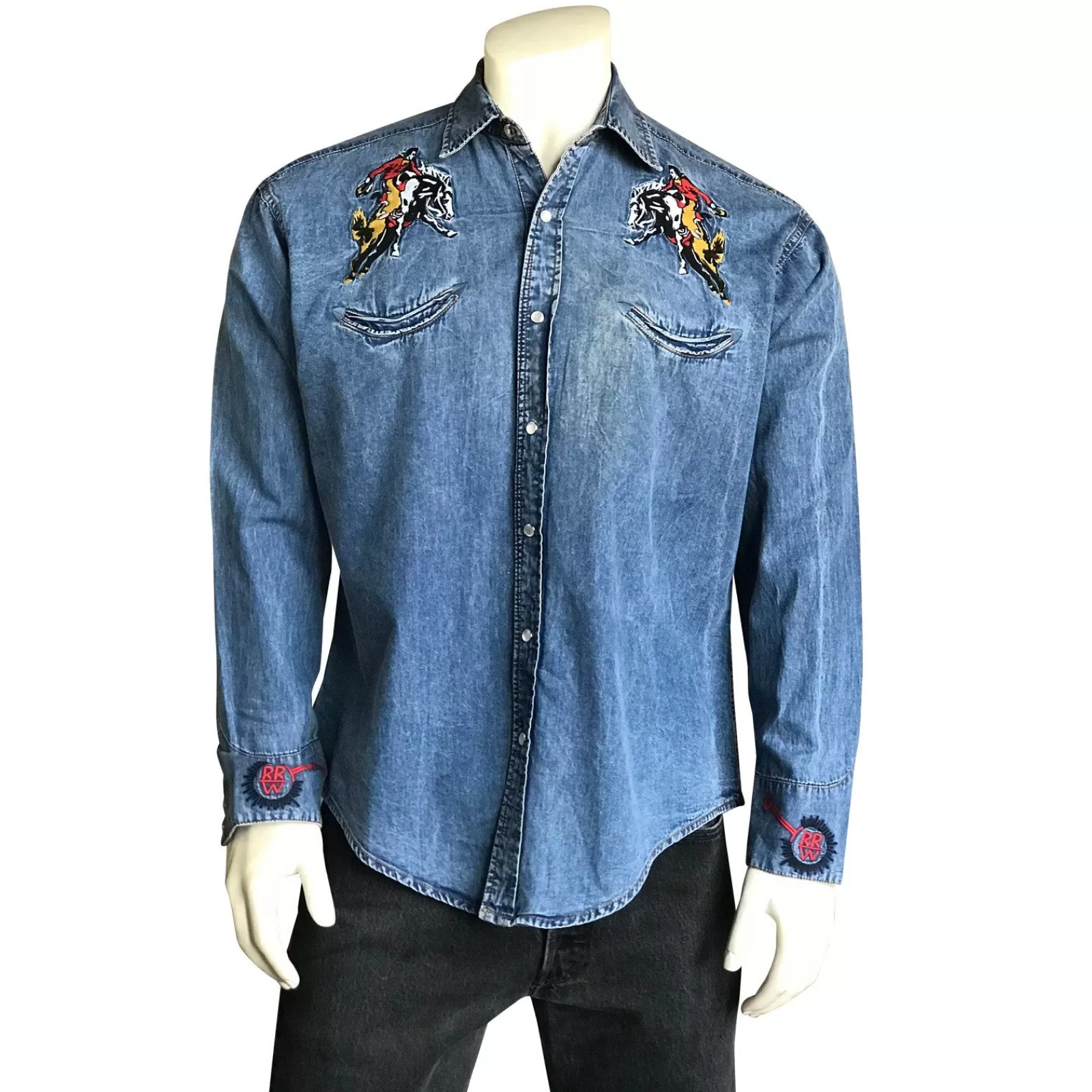 Rockmount Men'S Bronc Vintage Embroidery Western Shirt In Denim Best