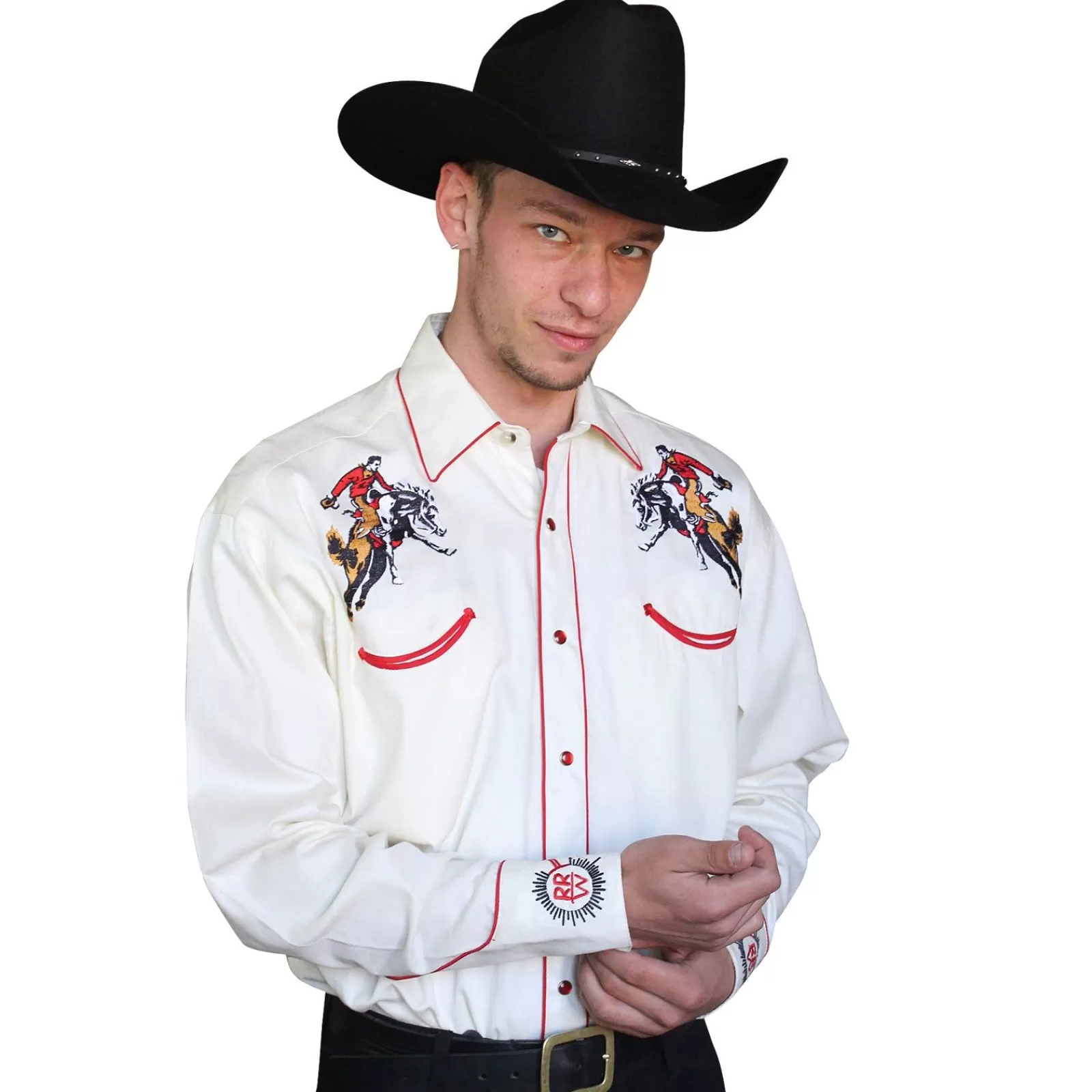 Rockmount Men'S Bronc Vintage Embroidery Western Shirt In Ivory New