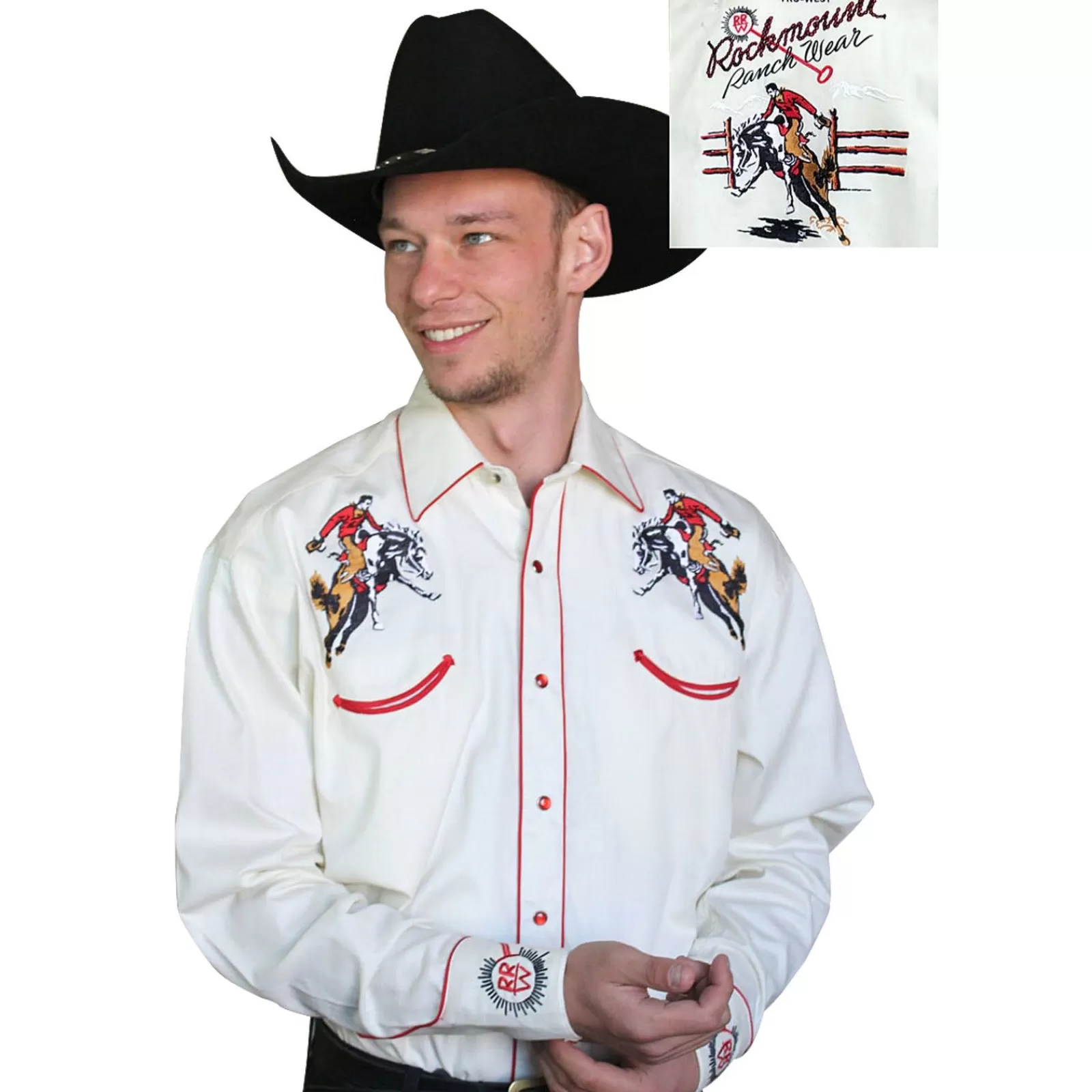 Rockmount Men'S Bronc Vintage Embroidery Western Shirt In Ivory New