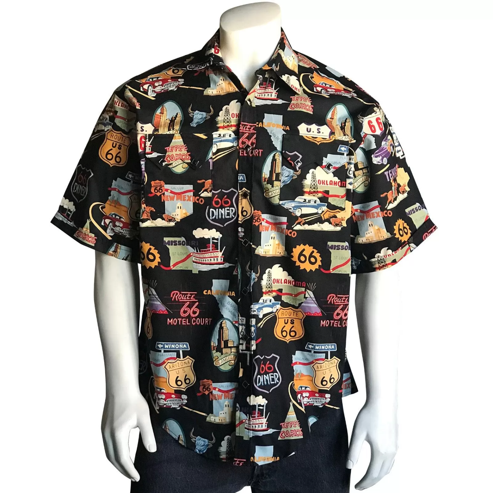 Rockmount Men'S Route 66 Print Short Sleeve Western Shirt In Black Flash Sale