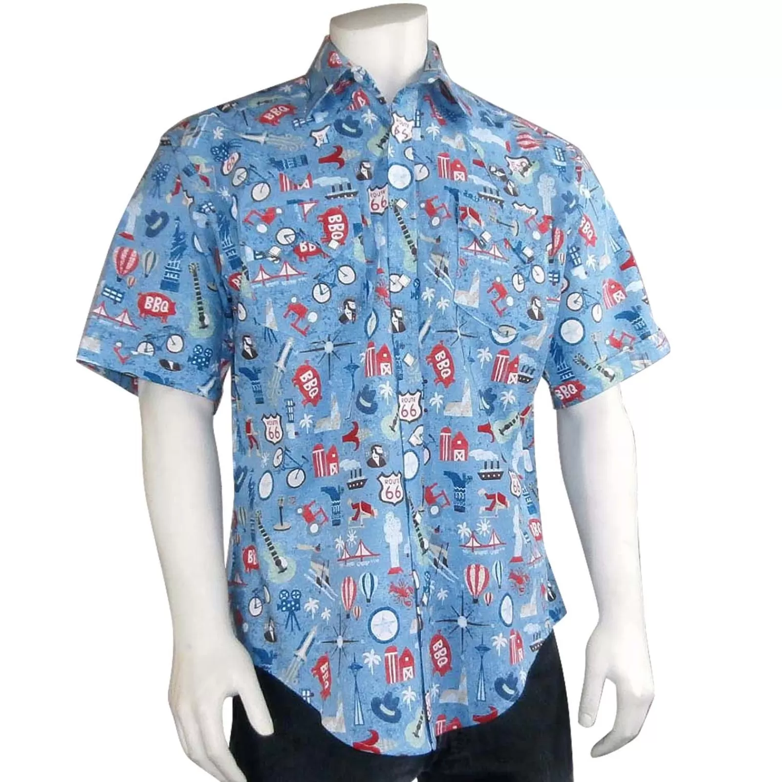 Rockmount Men'S Route 66 Print Short Sleeve Western Shirt In Blue Cheap