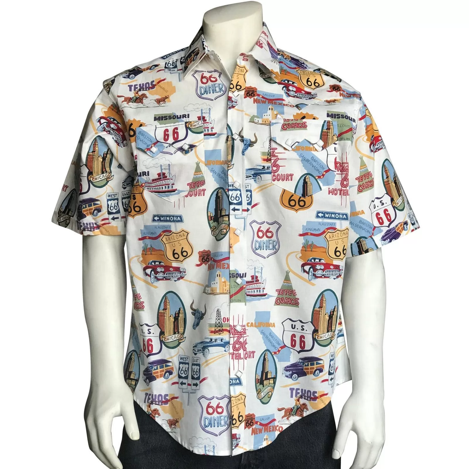 Rockmount Men'S Route 66 Print Short Sleeve Western Shirt In White Flash Sale