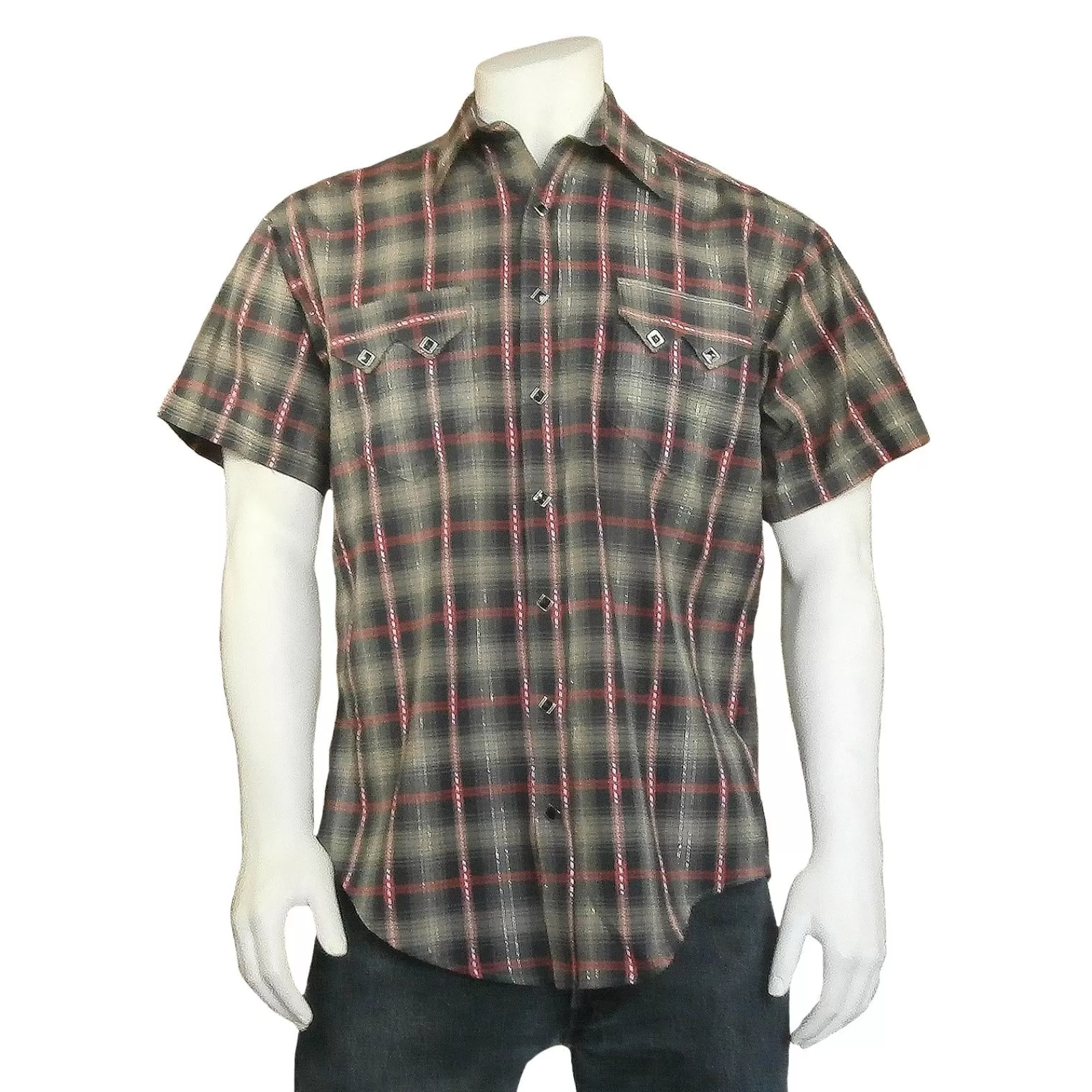 Rockmount Men'S Short Sleeve Shadow Plaid Dobby Lurex Western Shirt In Black Hot