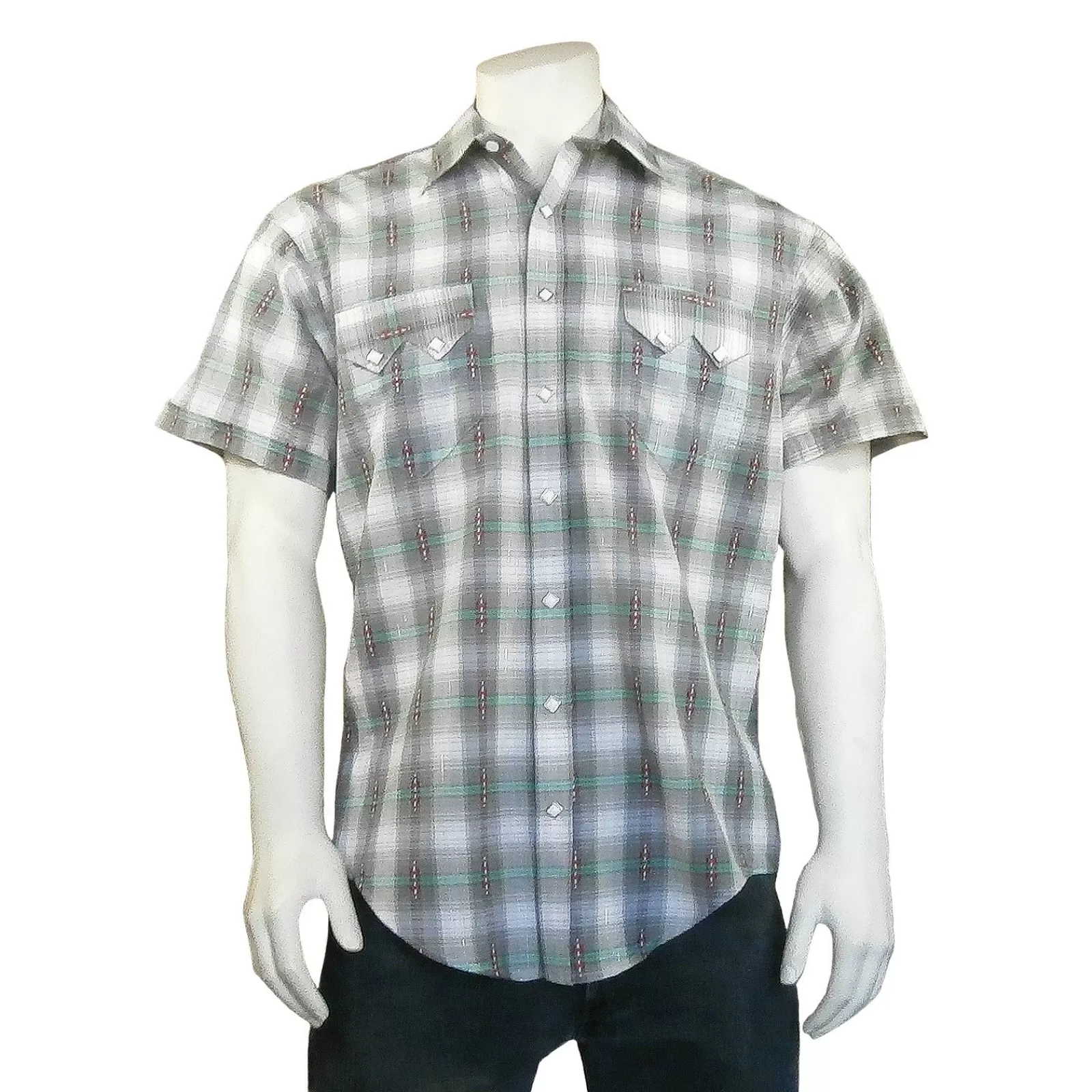 Rockmount Men'S Short Sleeve Shadow Plaid Dobby Lurex Western Shirt In Grey Best Sale