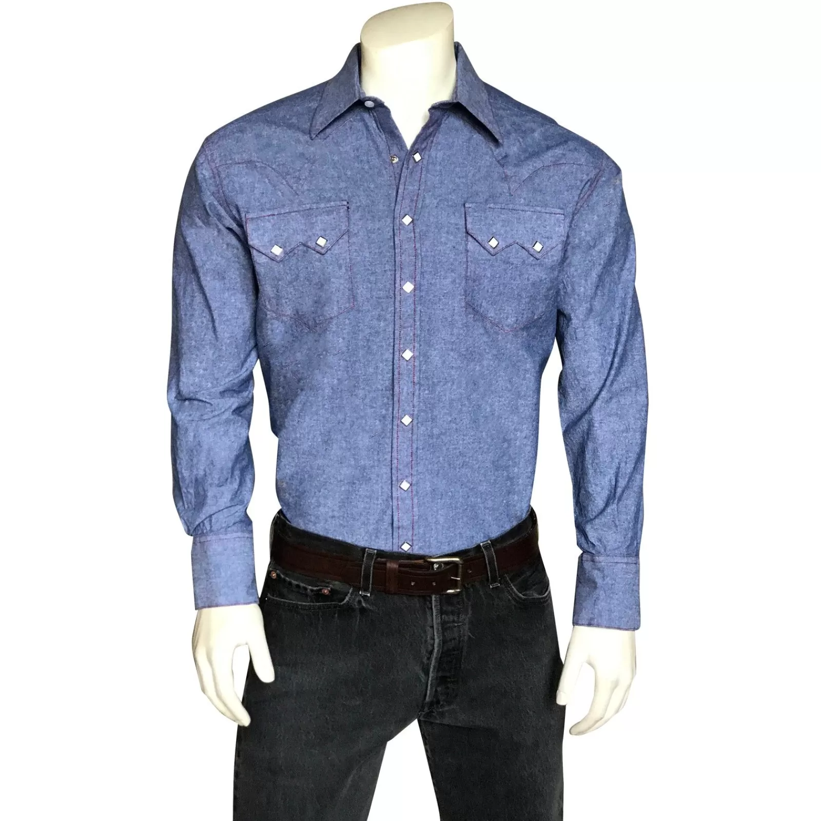 Rockmount Men'S Slim Fit Blue Chambray Denim Western Shirt Best Sale