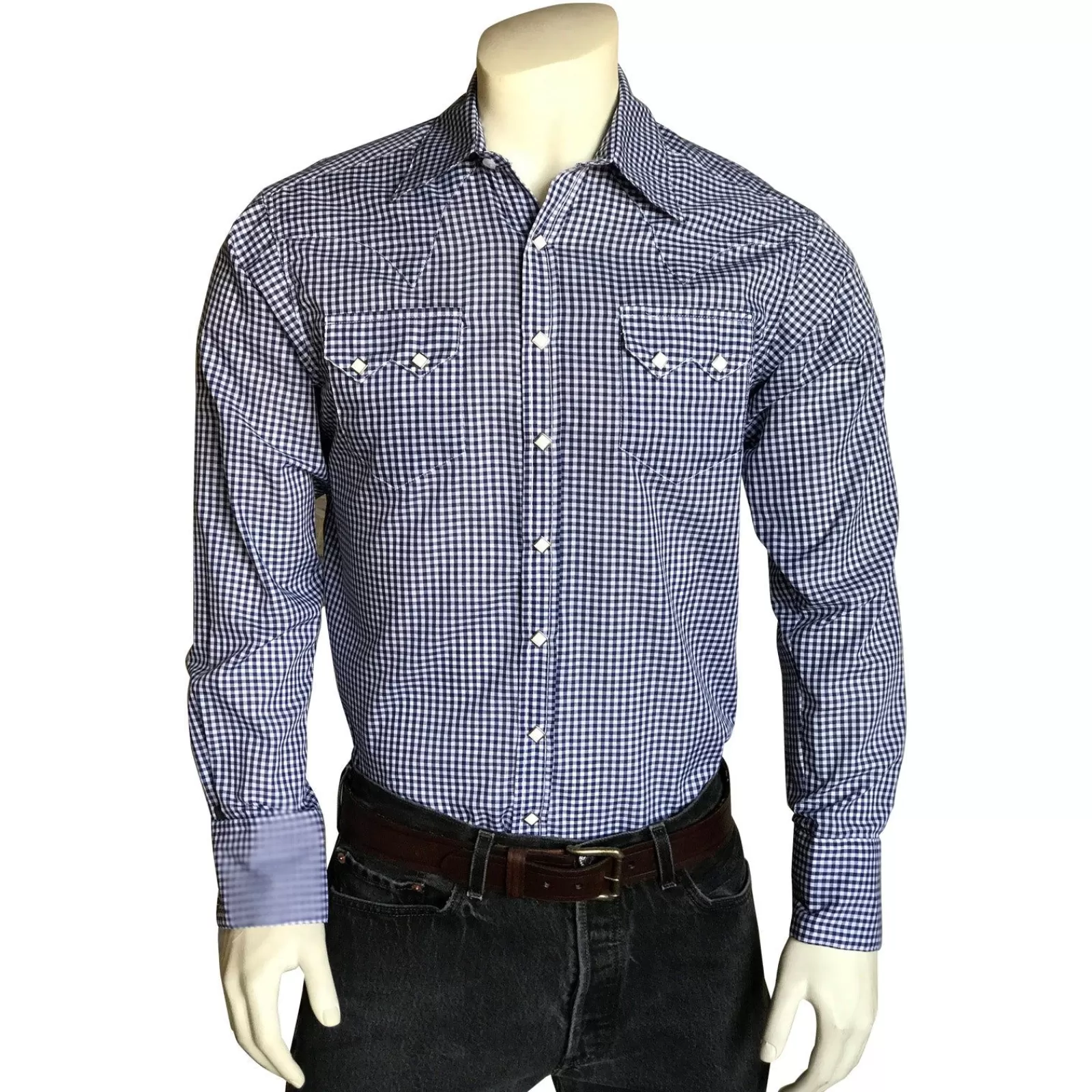 Rockmount Men'S Slim Fit Navy Gingham Check Western Shirt Sale