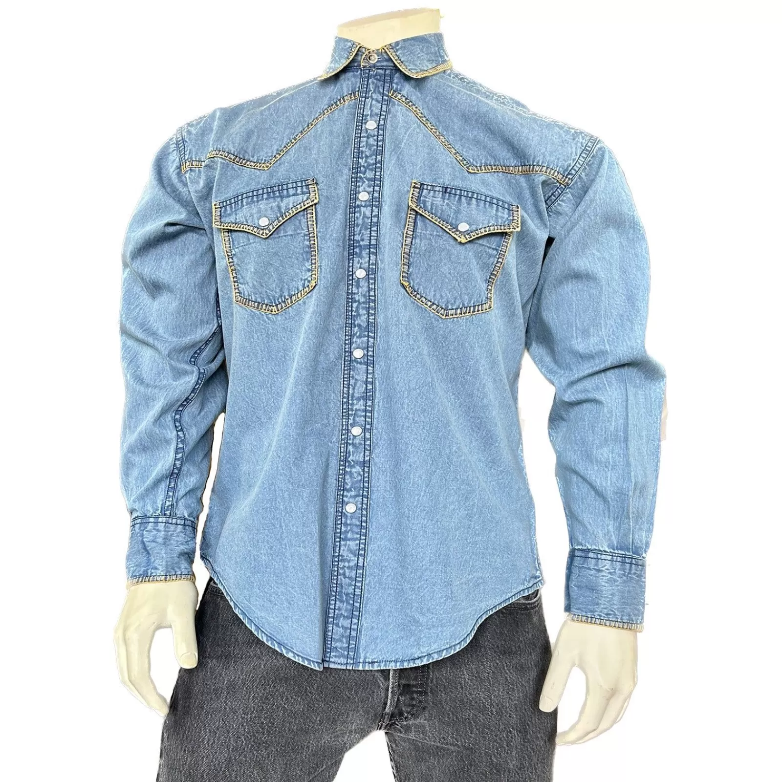 Rockmount Men'S Stonewashed Denim Blanket Stitch Western Shirt Hot