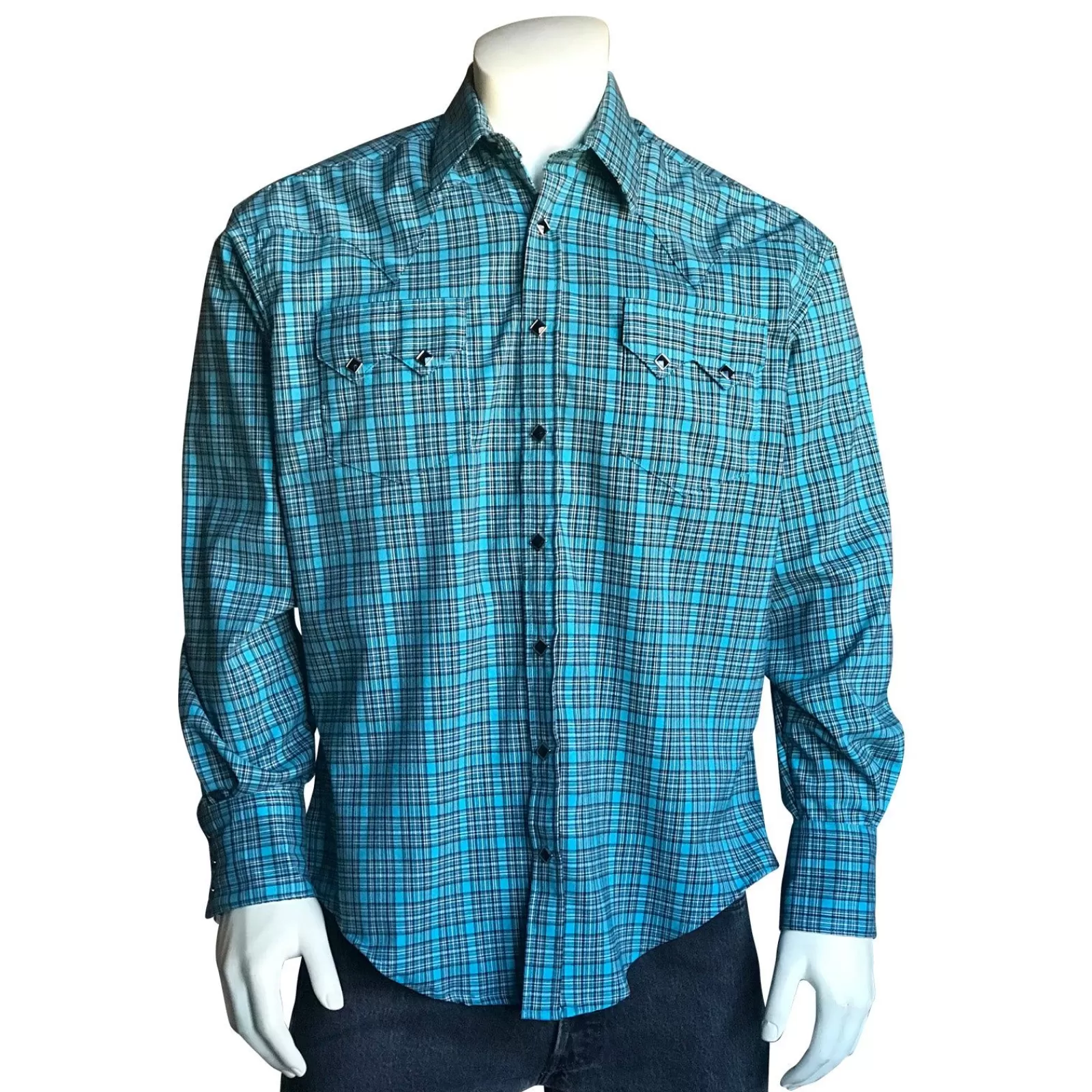 Rockmount Men'S Turquoise & Black Windowpane Check Western Shirt Best Sale