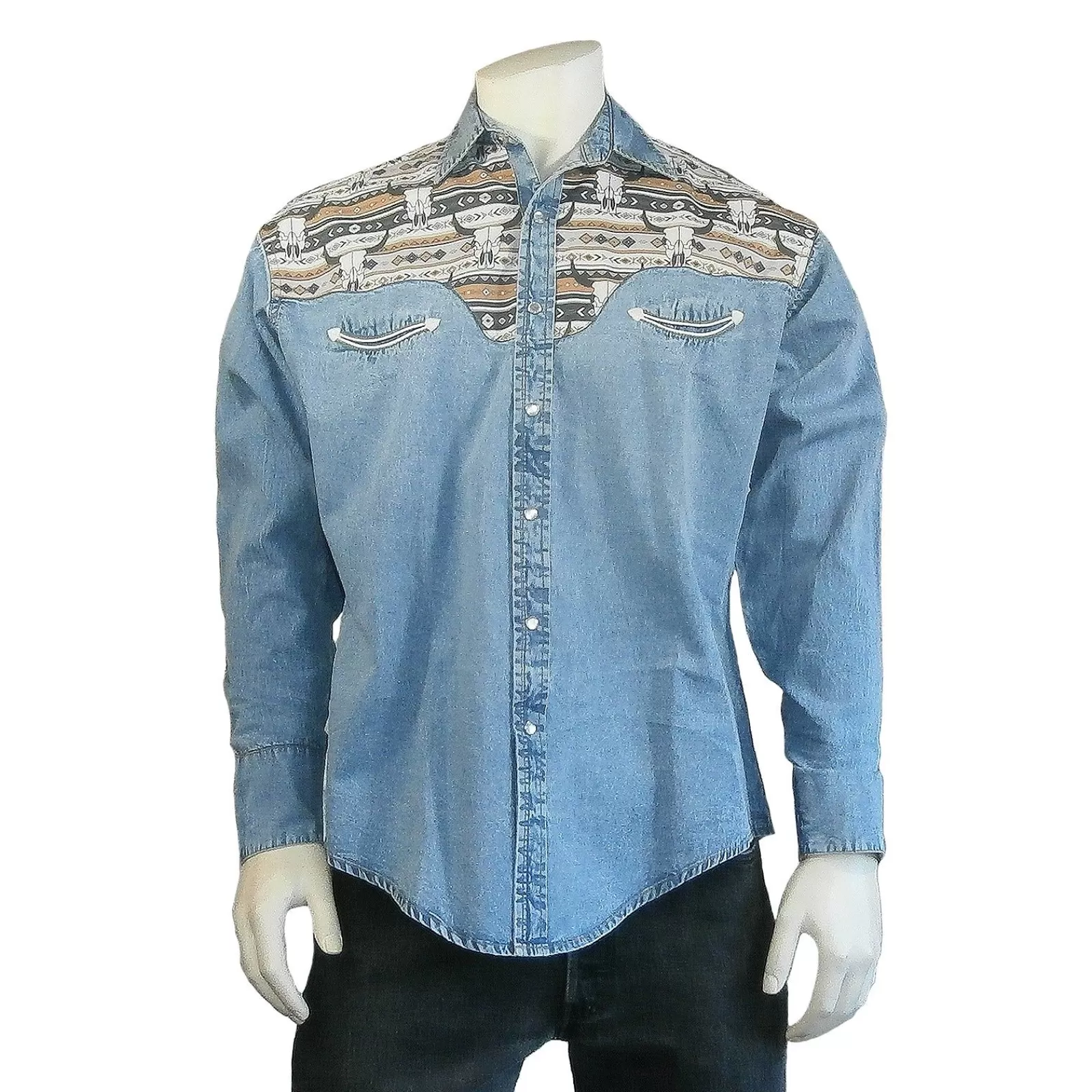 Rockmount Men'S Vintage 2-Tone Denim & Steer Skull Embroidery Western Shirt Best Sale