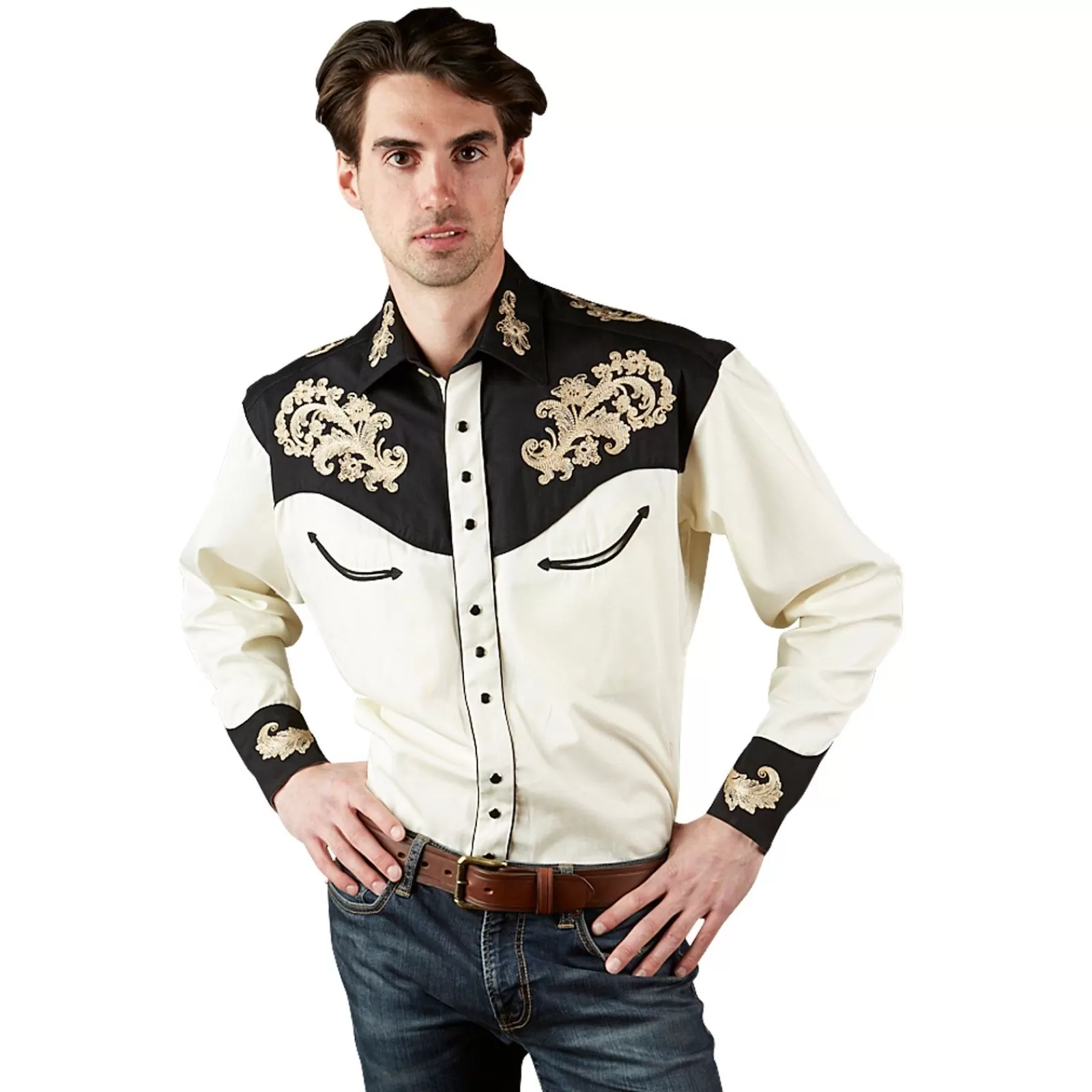 Rockmount Men'S Vintage 2-Tone Khaki & Black Western Shirt With Floral Embroidery Discount