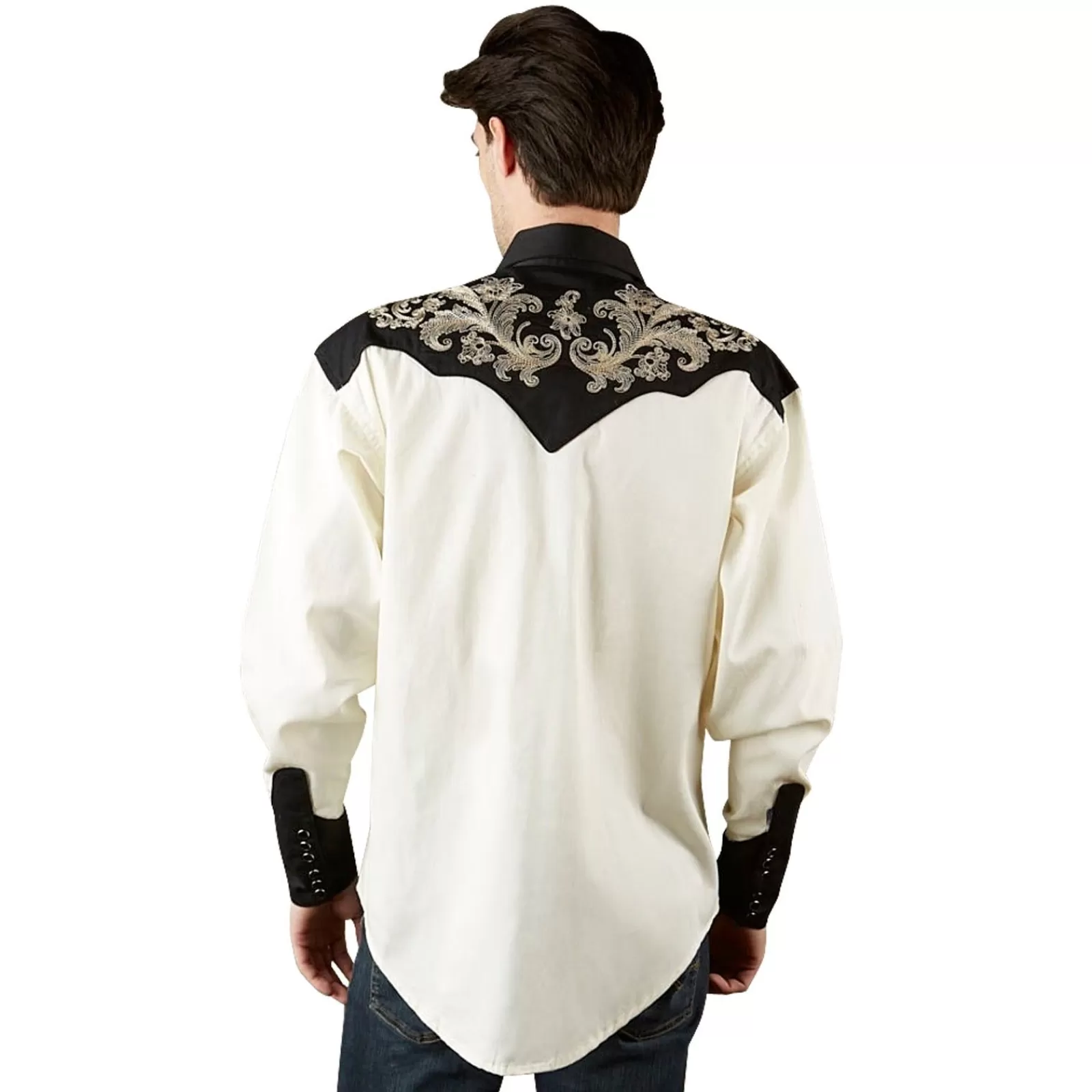 Rockmount Men'S Vintage 2-Tone Khaki & Black Western Shirt With Floral Embroidery Discount