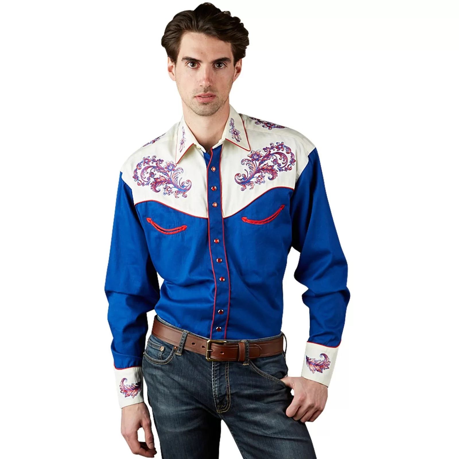Rockmount Men'S Vintage 2-Tone Royal Blue & White Western Shirt With Floral Embroidery Shop