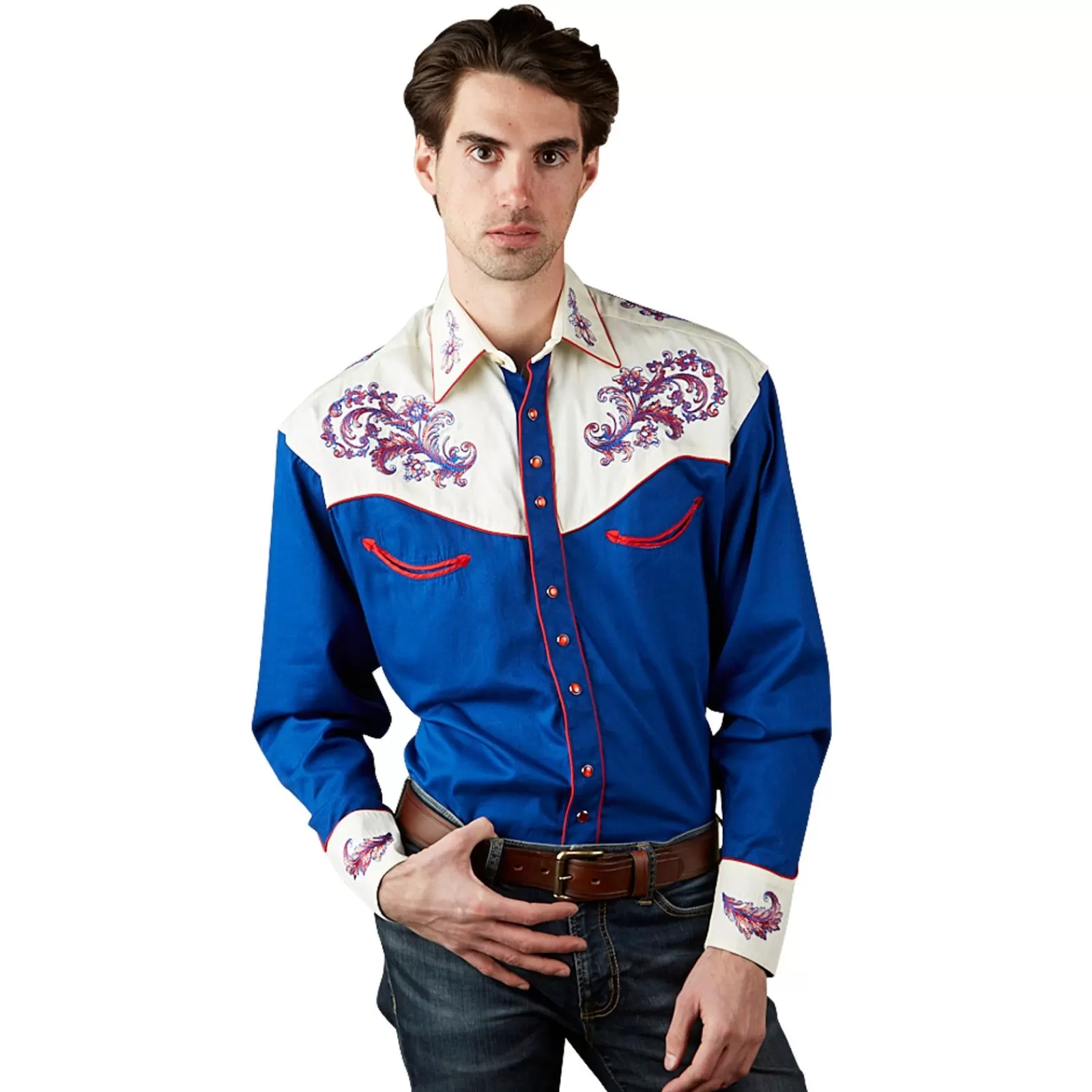 Rockmount Men'S Vintage 2-Tone Royal Blue & White Western Shirt With Floral Embroidery Shop