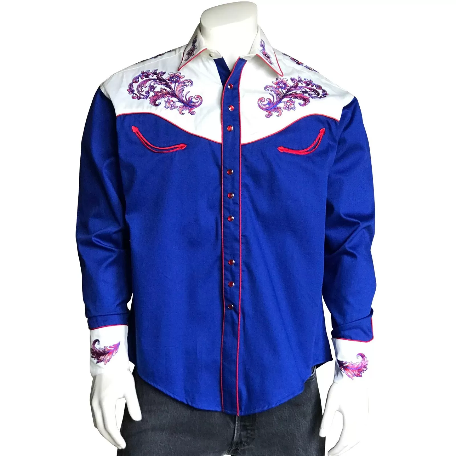 Rockmount Men'S Vintage 2-Tone Royal Blue & White Western Shirt With Floral Embroidery Shop
