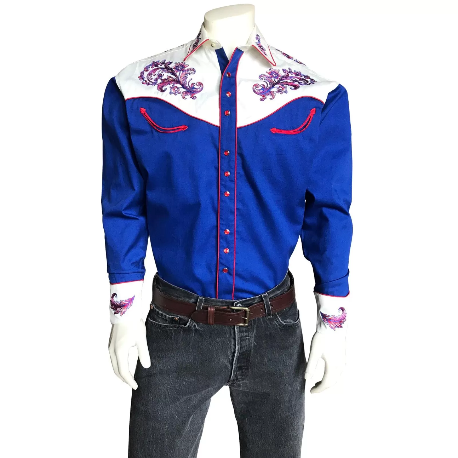 Rockmount Men'S Vintage 2-Tone Royal Blue & White Western Shirt With Floral Embroidery Shop