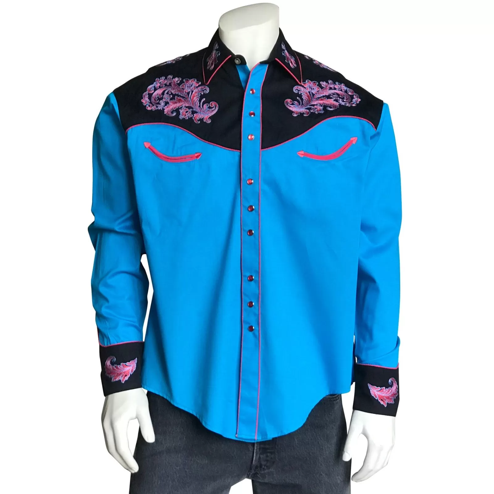 Rockmount Men'S Vintage 2-Tone Turquoise & Black Western Shirt With Floral Embroidery Store