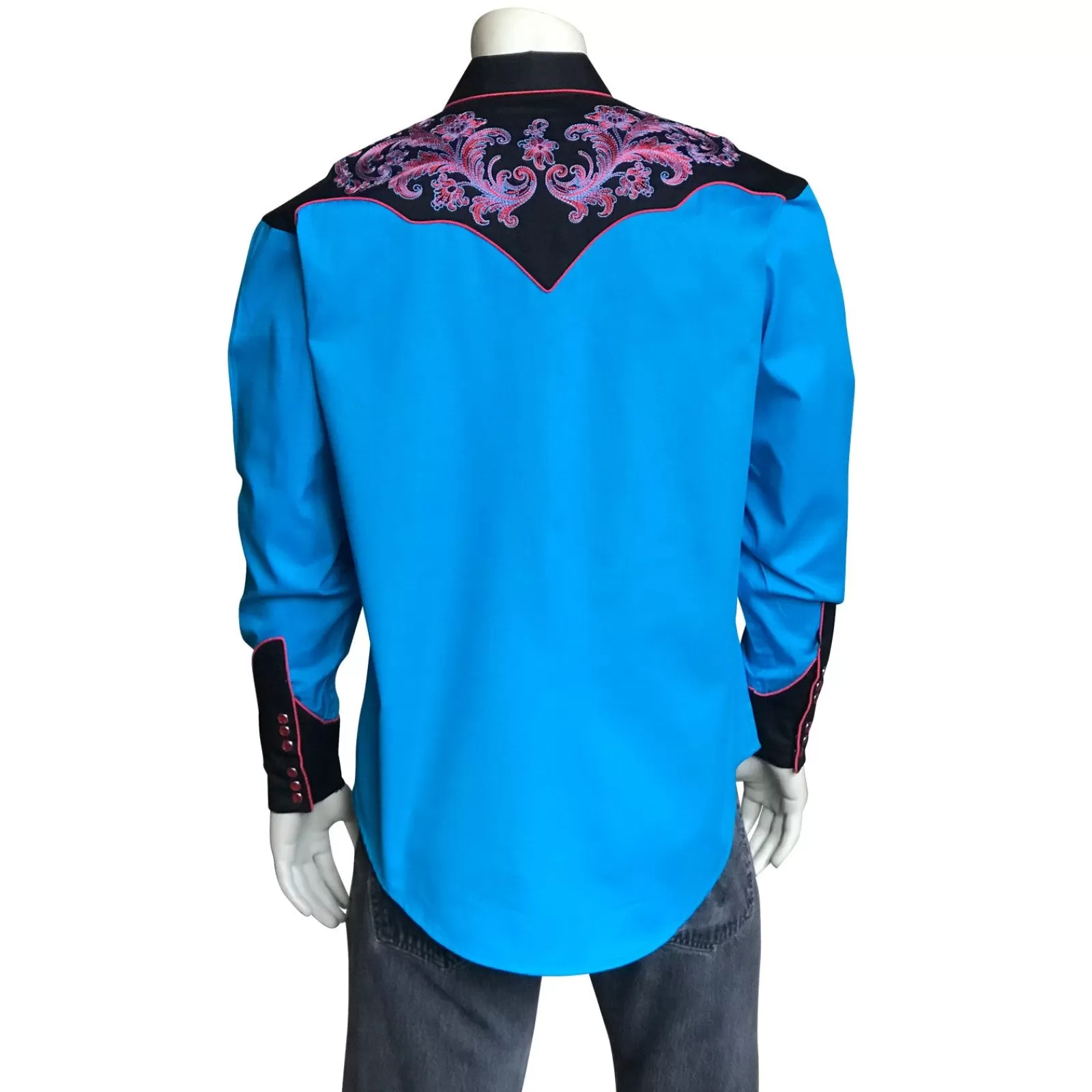 Rockmount Men'S Vintage 2-Tone Turquoise & Black Western Shirt With Floral Embroidery Store
